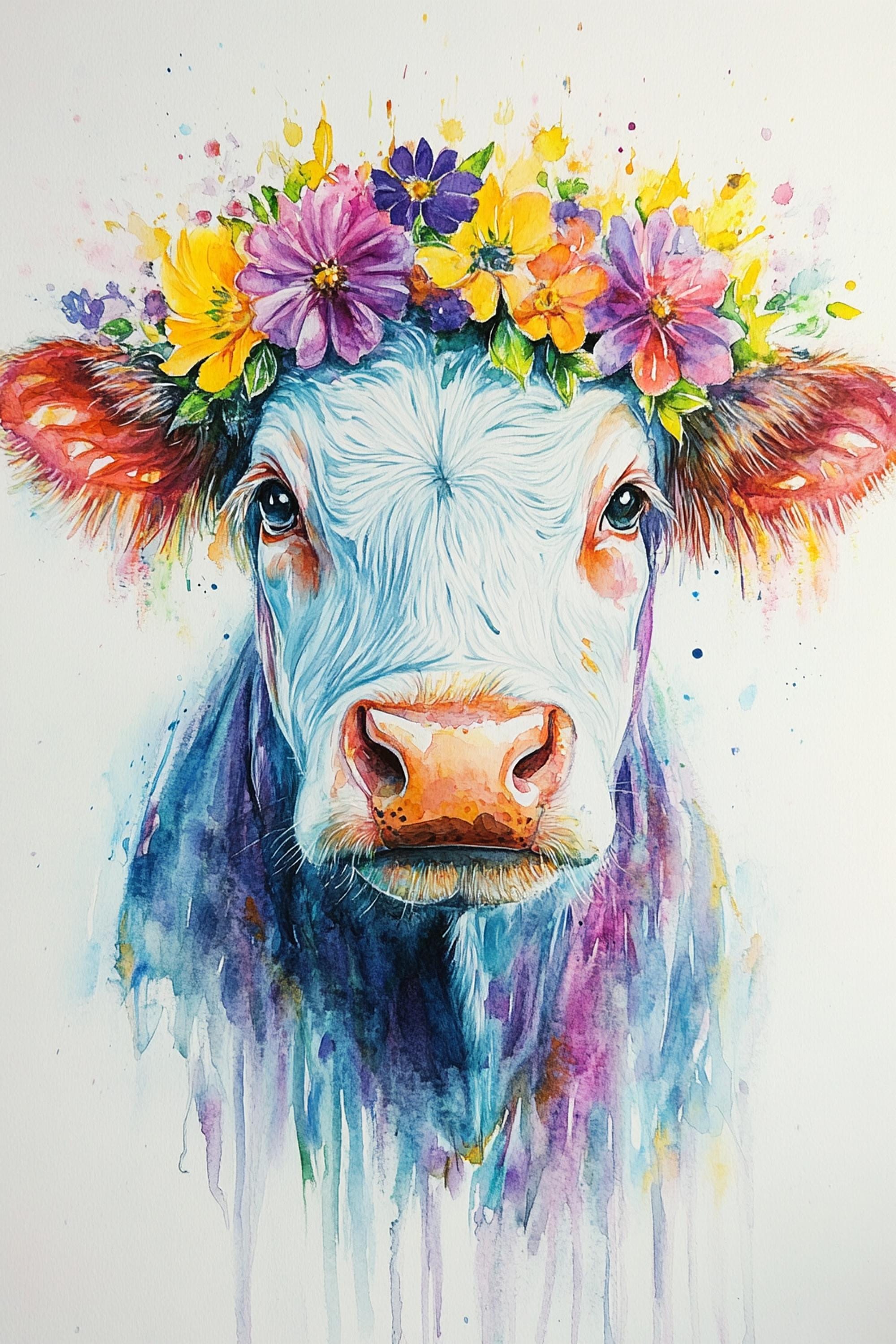 A watercolor painting of a cow with a colorful flower crown on its head.