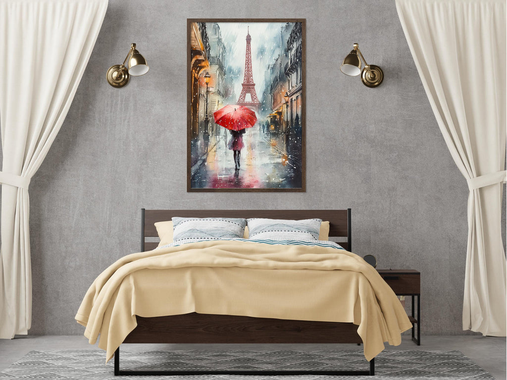 a bedroom with a large bed, a nightstand, and a framed painting of a woman holding a red umbrella in front of the Eiffel Tower.