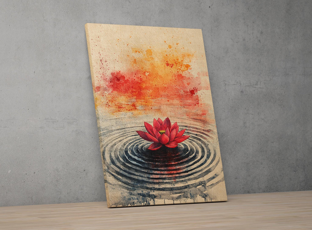 A painting of a red lotus flower floating on a rippled surface, with a warm, fiery background.