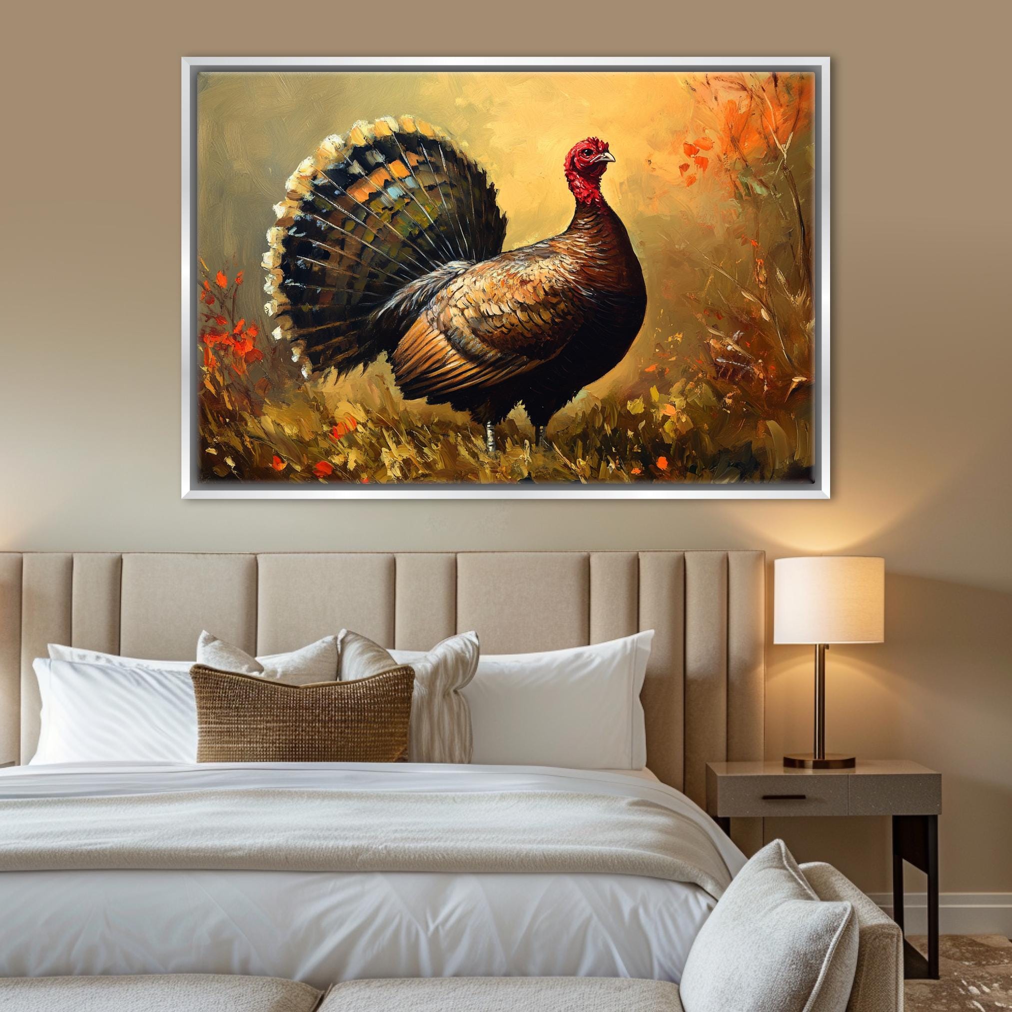 a large painting of a turkey with a colorful, vibrant background, hanging above a bed with white bedding and pillows.