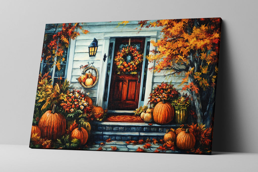 a charming autumn scene with a white house adorned with a wreath and pumpkins, surrounded by vibrant fall foliage.