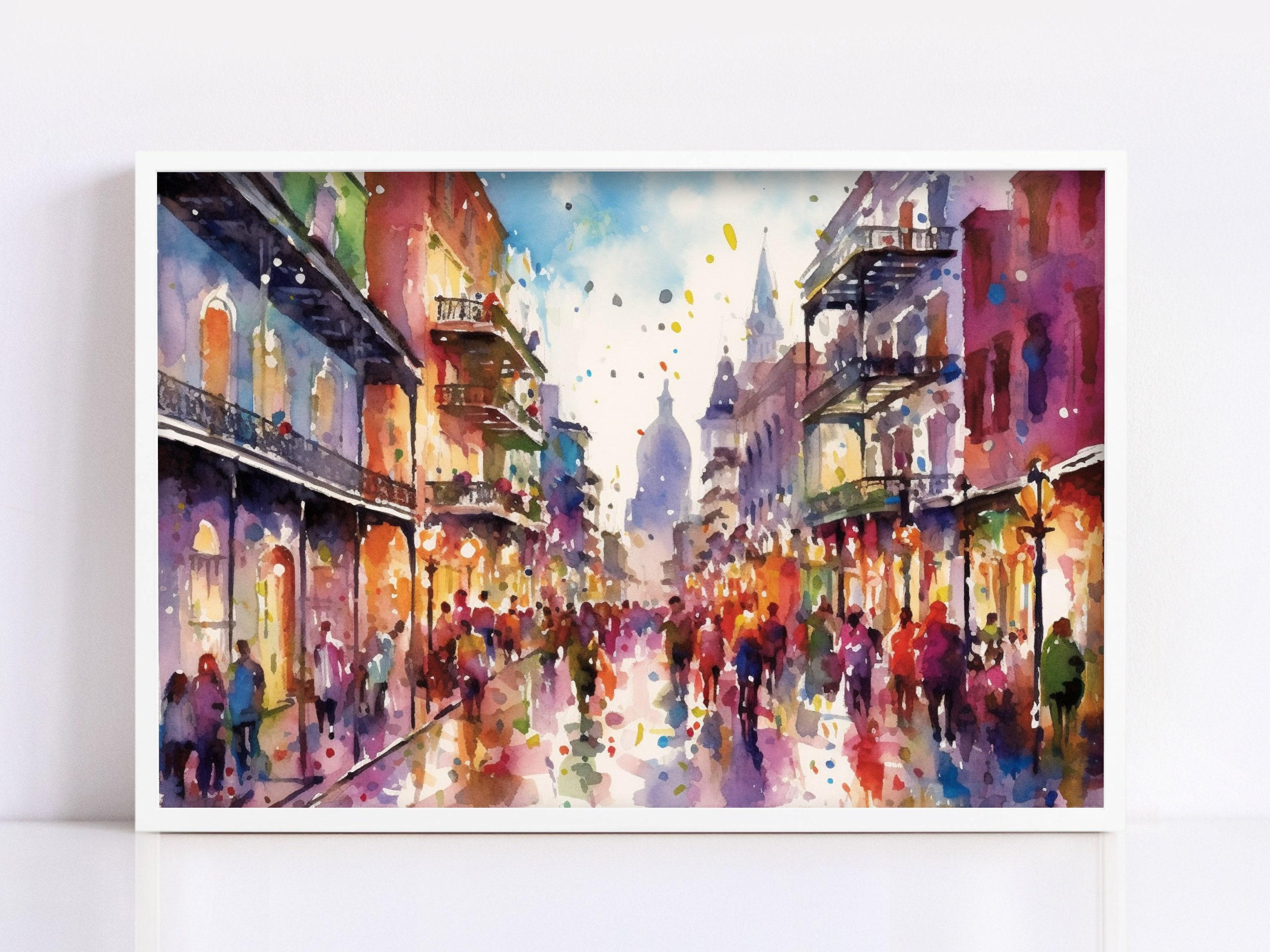 Colorful Mardi Gras Party Scene Watercolor – Bourbon Street, Print on Canvas, Artist Paper, Watercolor Paper, Available in Extra Large Sizes