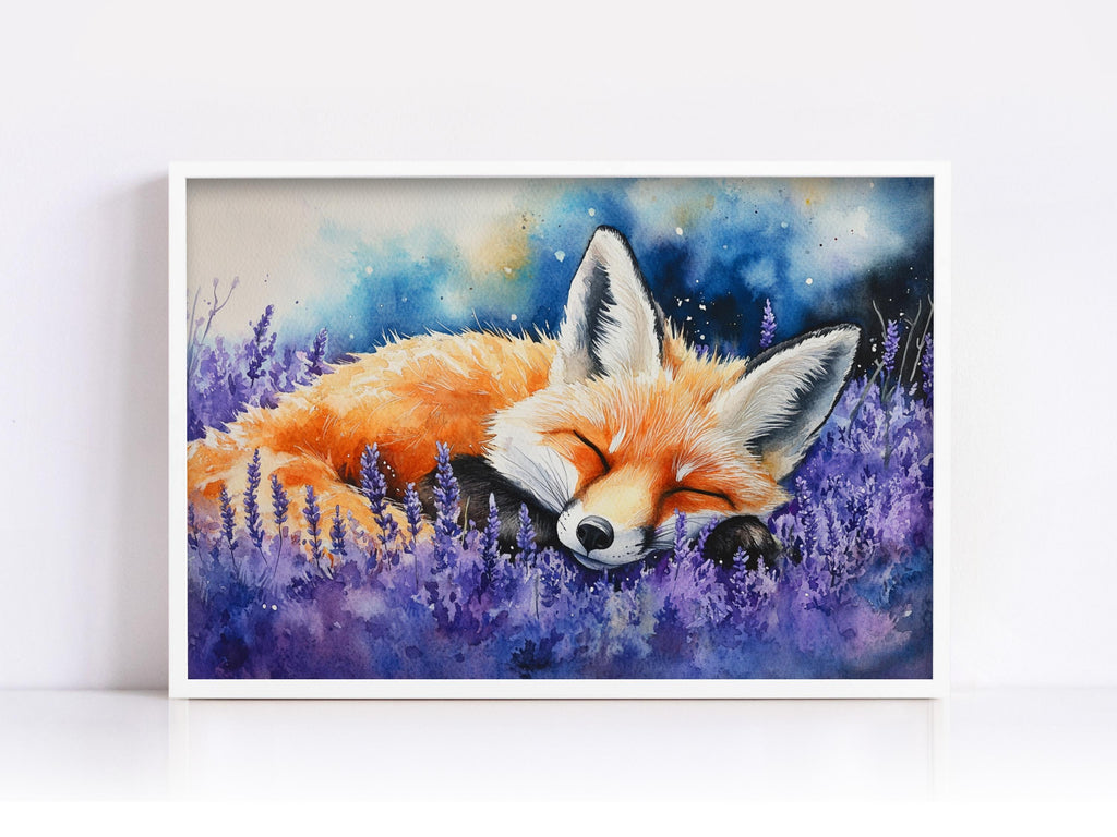 A painting of a sleeping fox in a field of purple flowers.