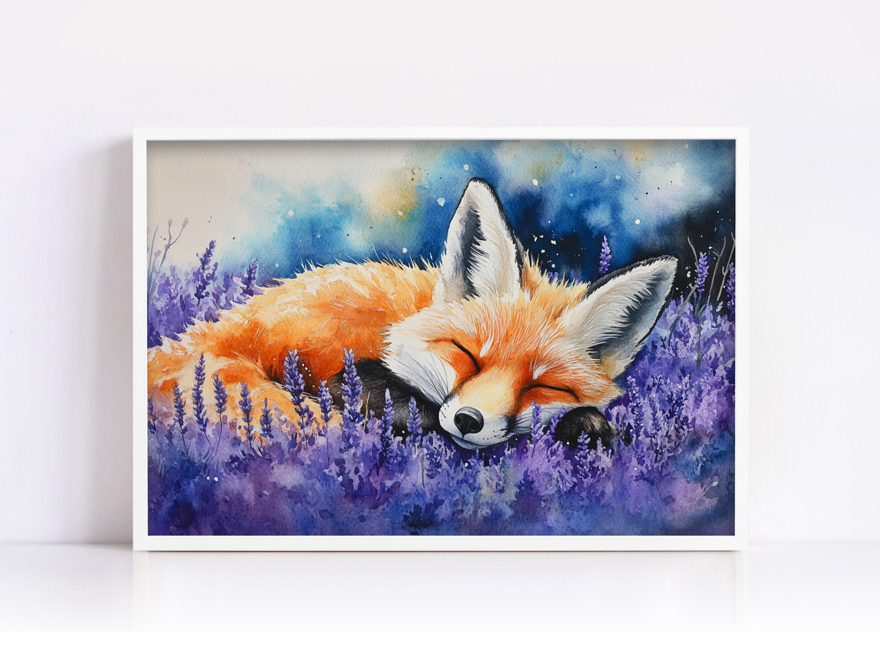 A painting of a sleeping fox in a field of purple flowers.