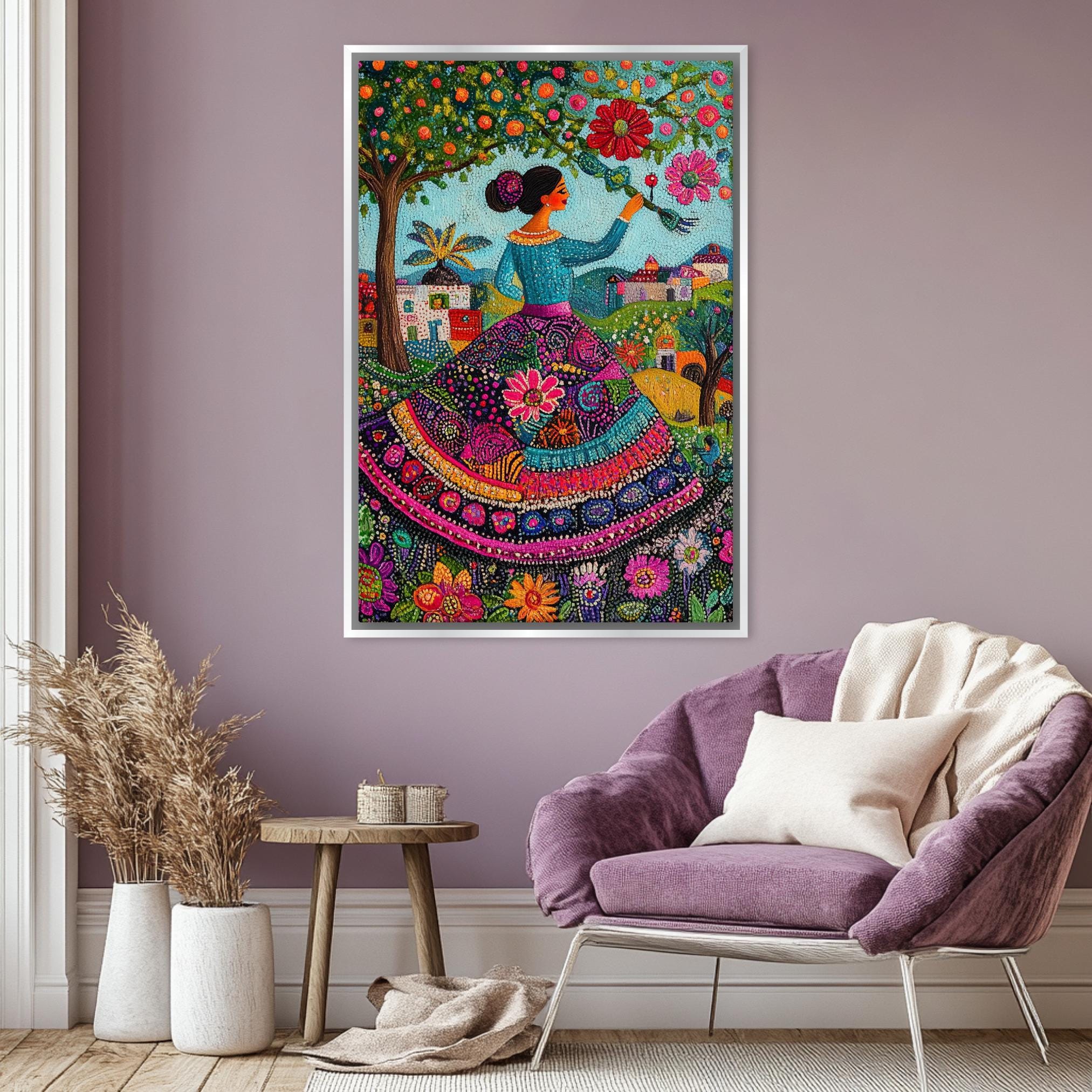 a painting of a woman sitting on a purple chair