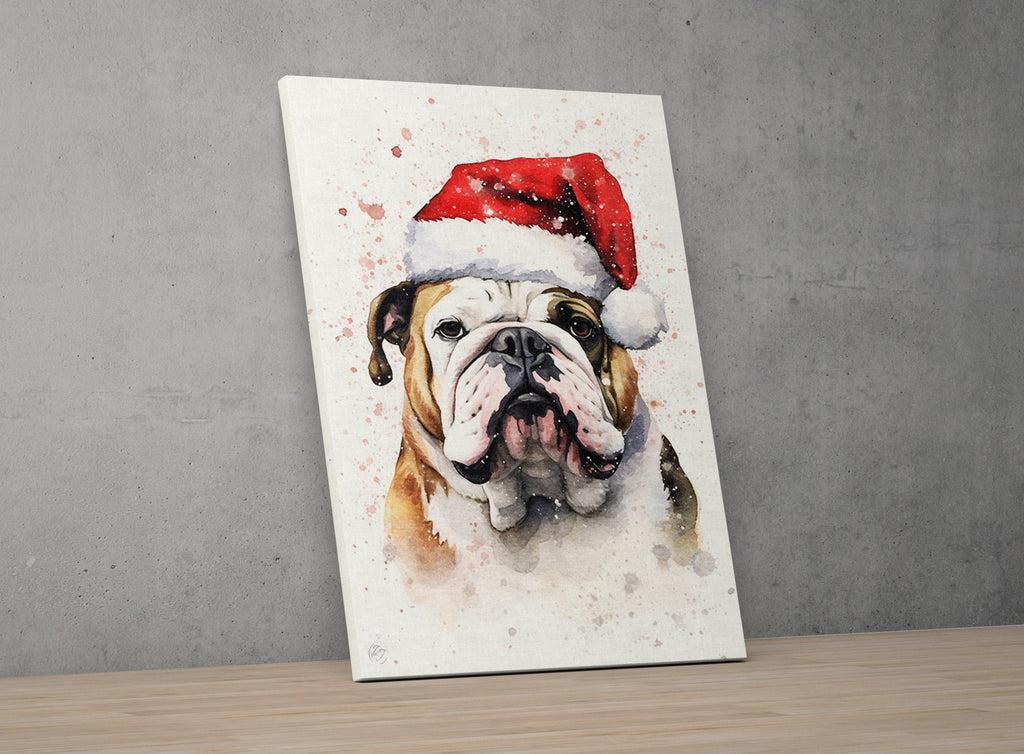 Christmas Bulldog - English Bulldog with Santa Hat, Giclee Print on Canvas, Artist Paper, Watercolor Paper, Available in Extra Large Sizes