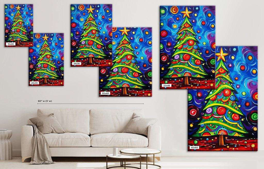 Christmas Tree Wall Art – Colorful Xmas Tree Painting on Gallery Wrapped Canvas, Large Sizes