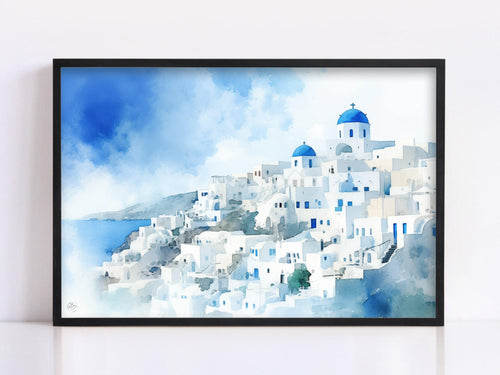 Aegean Bliss: Santorini Sunset Watercolor Wall Art, Giclee Print on Canvas, Artist Paper, Watercolor Paper, Available in Extra Large Sizes