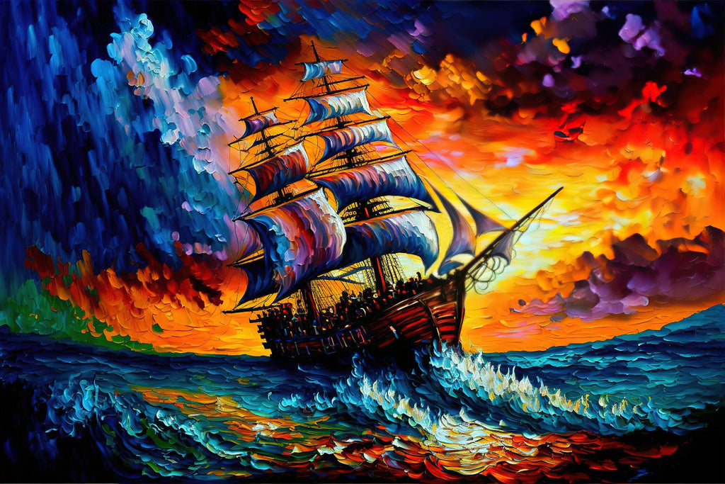 Pirate Ship Painting - Colorful Acrylic Canvas Print | Stormy Seas Artwork, Gallery Ready