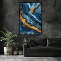 a living room with a couch and a painting on the wall