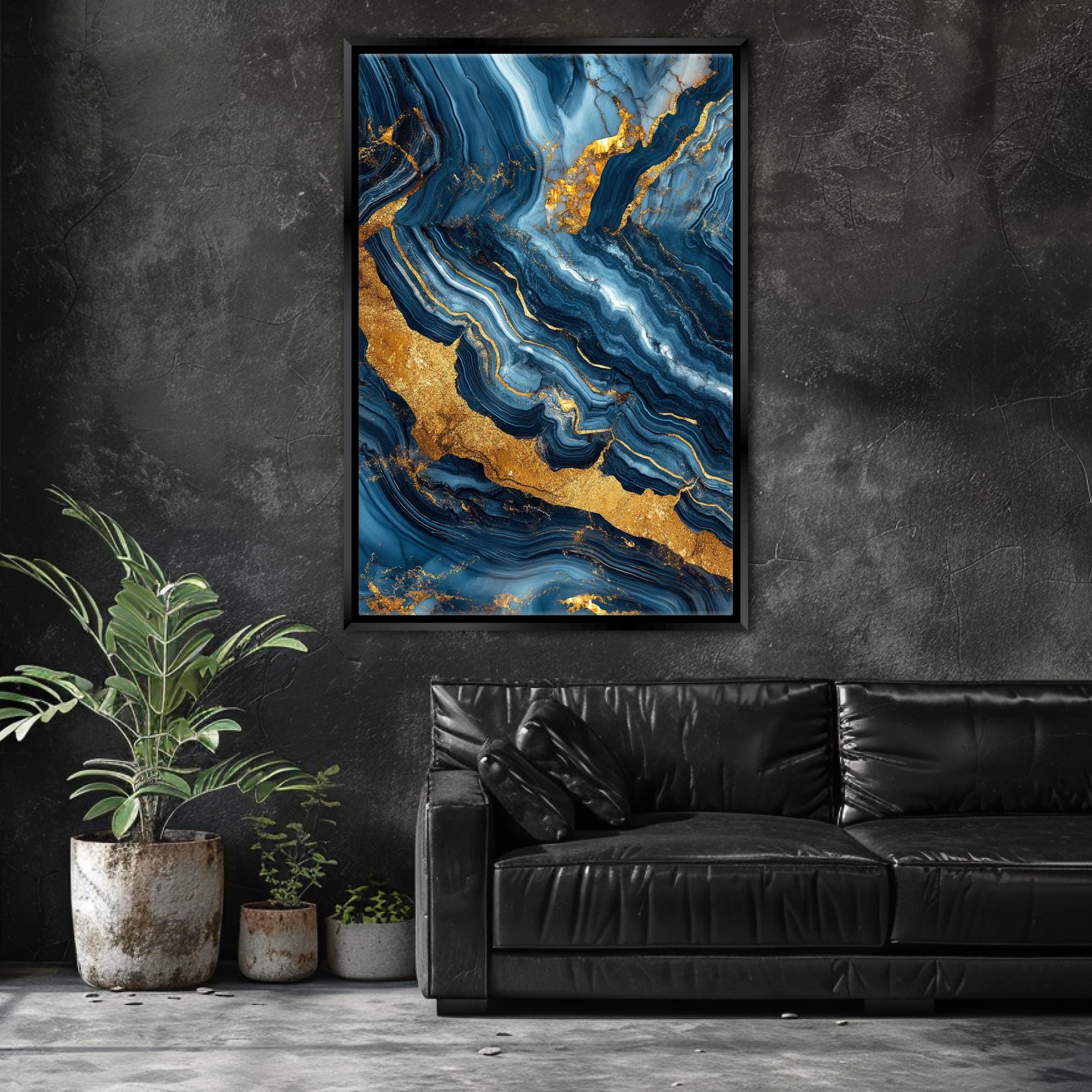 a living room with a couch and a painting on the wall