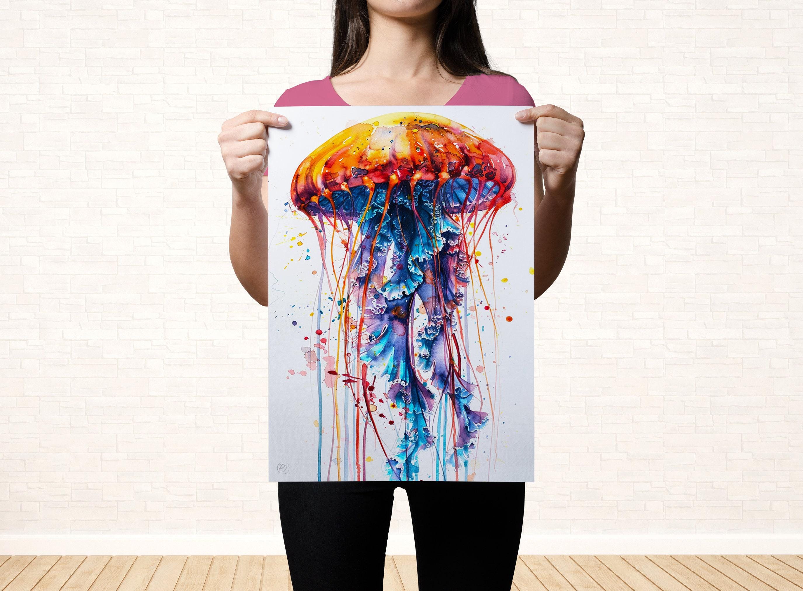 Abstract Floating Jellyfish Watercolor Wall Decor, Giclee Print on Canvas, Artist Paper, Watercolor Paper, Available in Extra Large Sizes