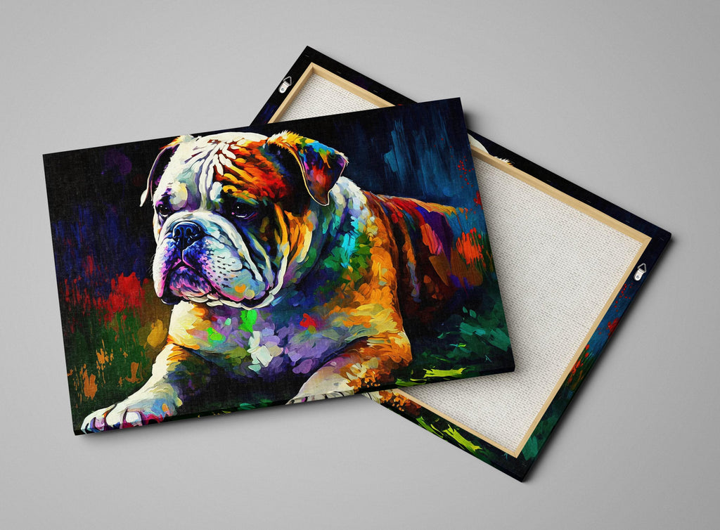 The image is a vibrant painting of a bulldog, featuring a colorful and detailed depiction of the dog's face and body.