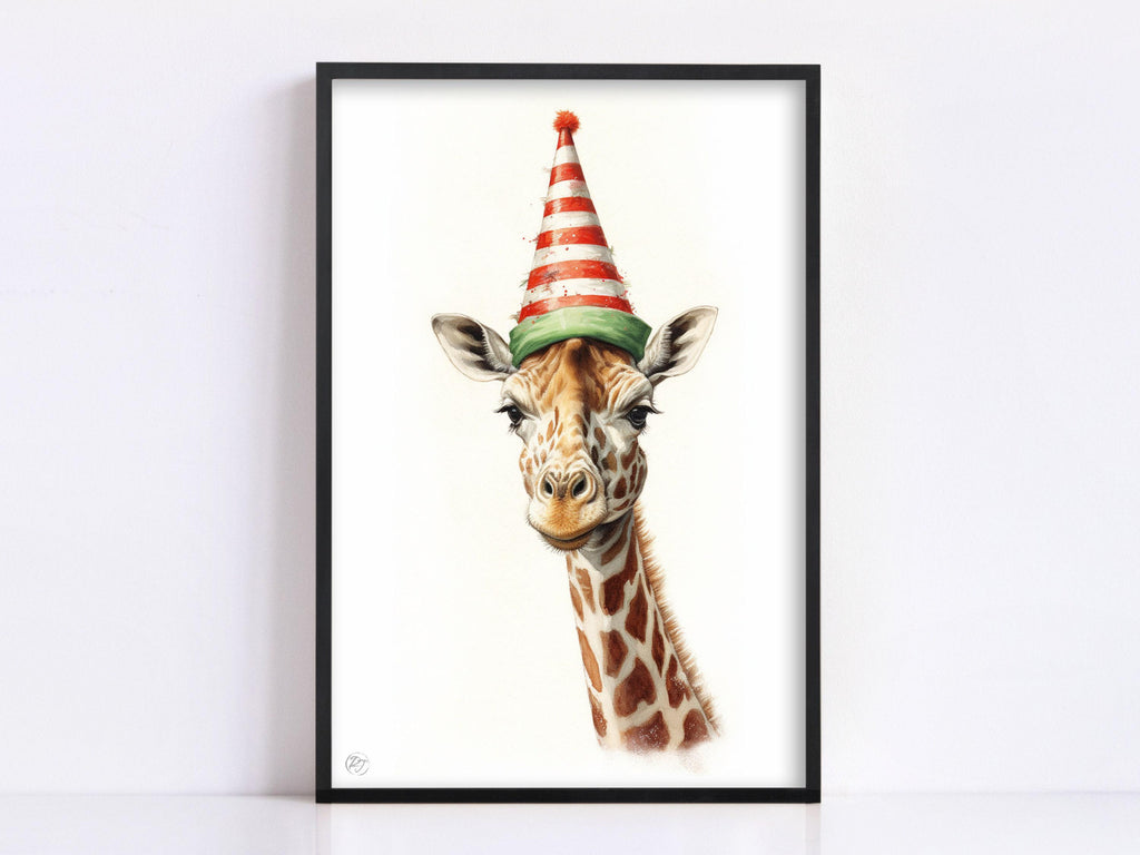 Christmas Safari - Watercolor Giraffe with Santa Hat, Giclee Print on Canvas, Artist Paper, Watercolor Paper, Available in Extra Large Sizes