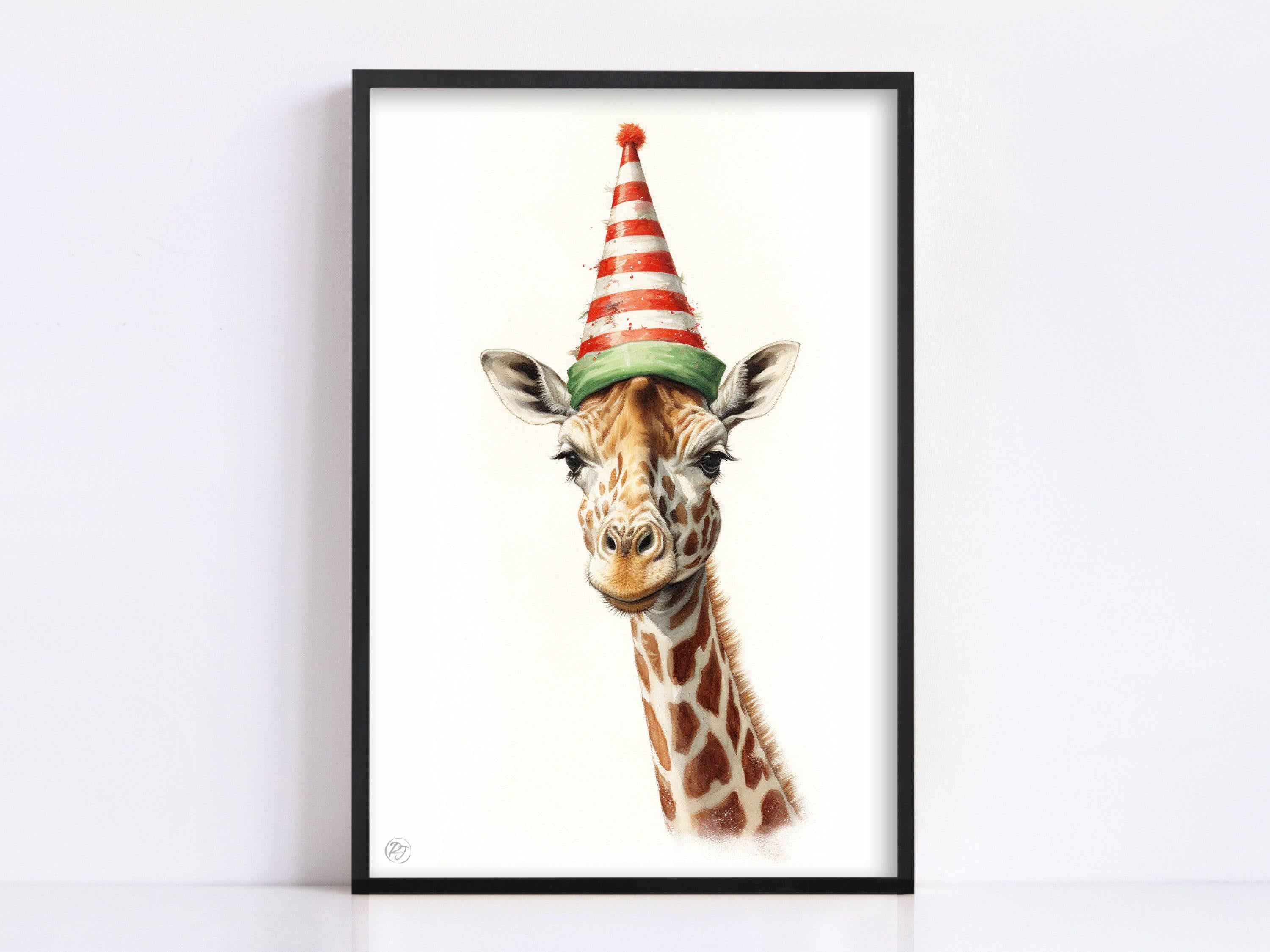 Christmas Safari - Watercolor Giraffe with Santa Hat, Giclee Print on Canvas, Artist Paper, Watercolor Paper, Available in Extra Large Sizes