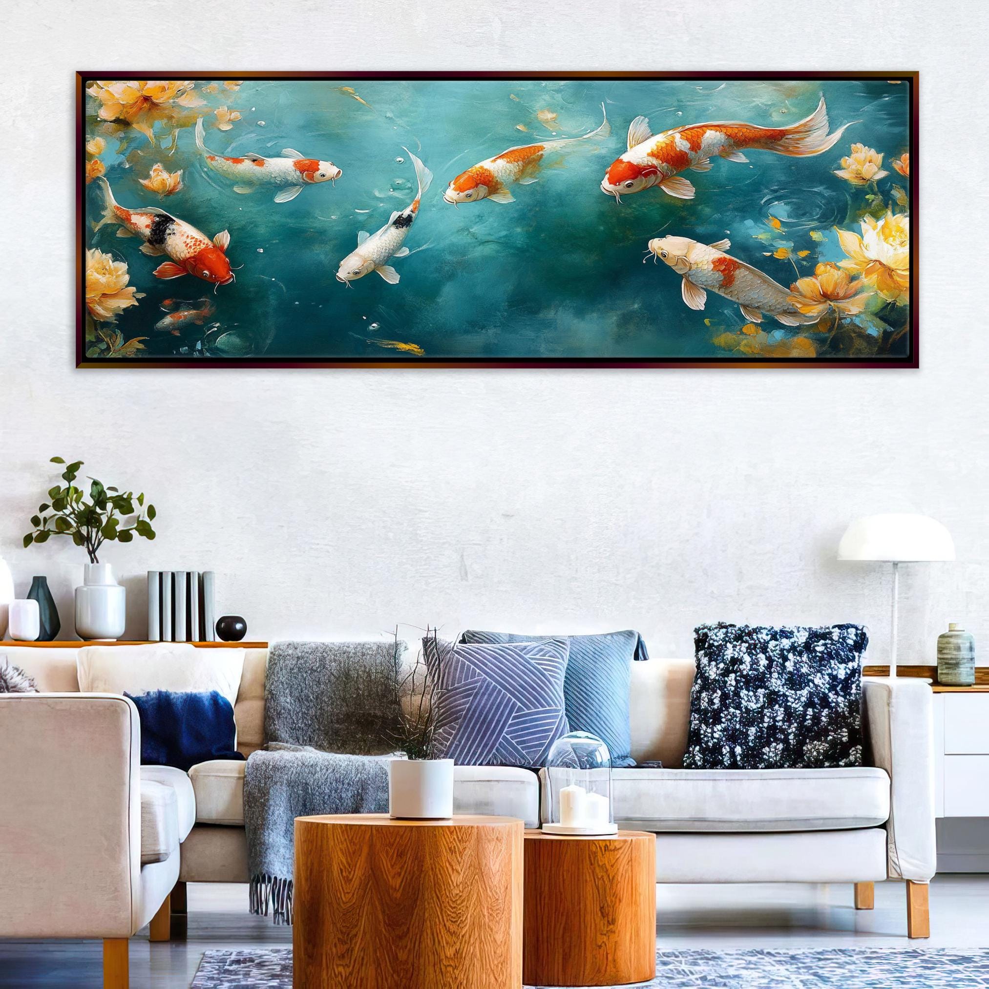 a living room filled with furniture and a painting on the wall