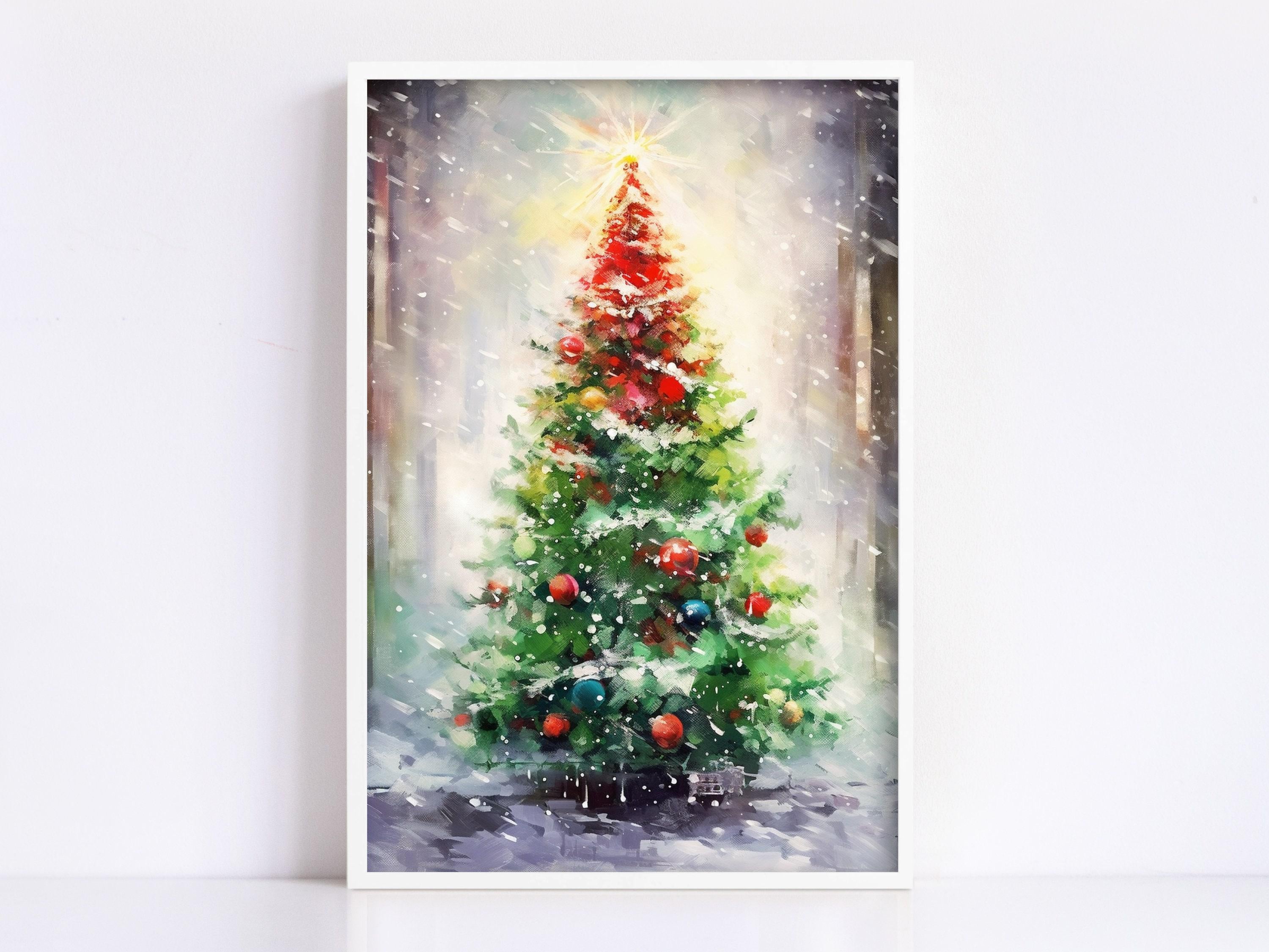 Snowy Christmas Tree Watercolor  - Seasonal Festive Decor, Print on Canvas, Artist Paper, Watercolor Paper, Available in Extra Large Sizes