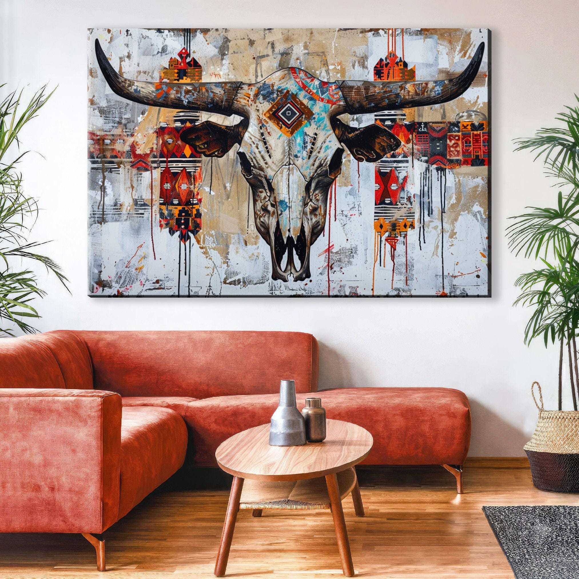 Native Cow Skull Art – Large Canvas Wall Art | Abstract Tribal Pattern Print