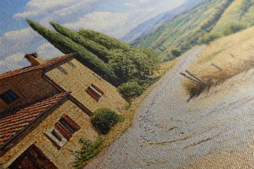 a painting of a house with a boat in the water