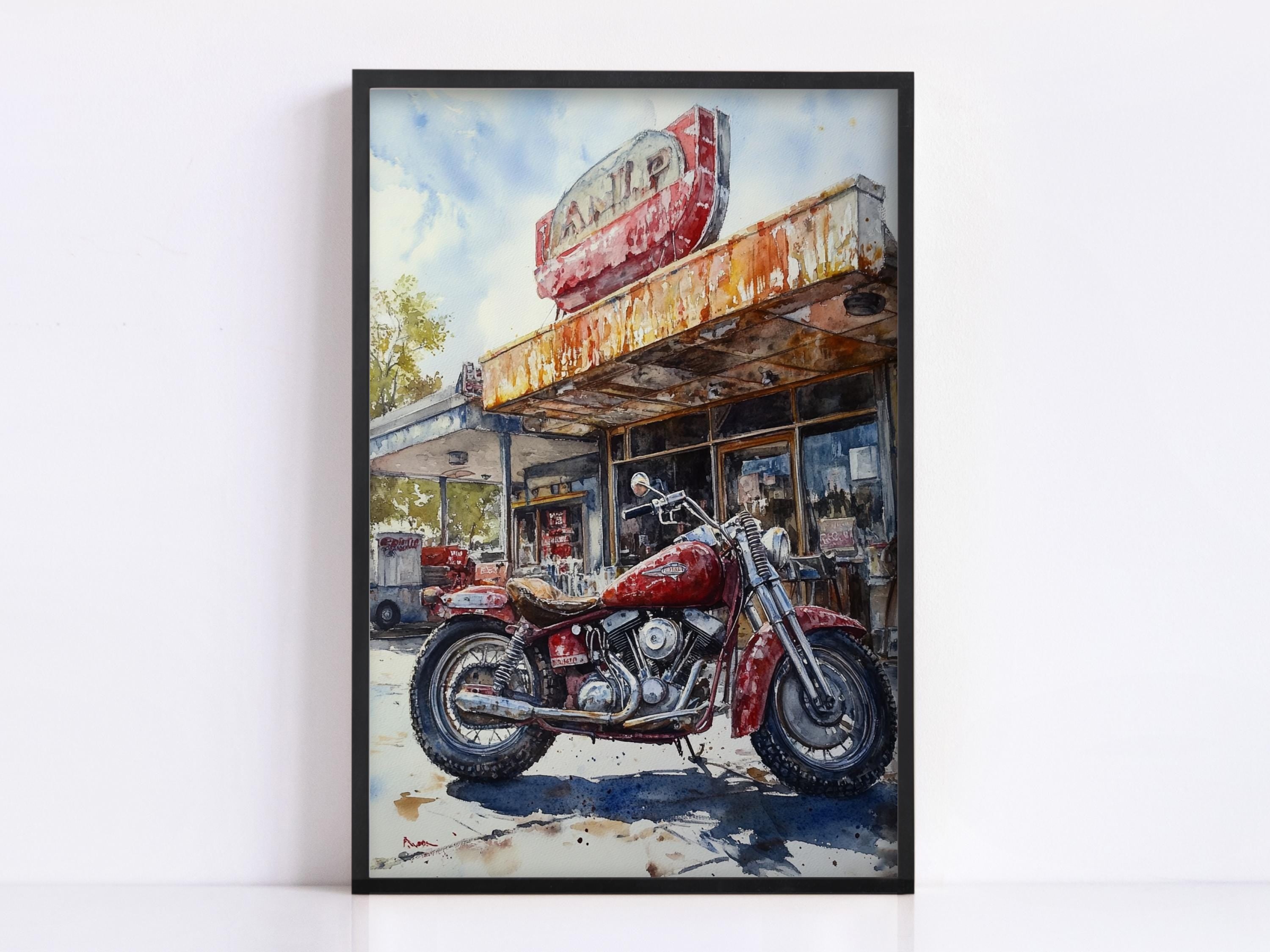 A red motorcycle is parked in front of a dilapidated building with a faded sign, creating a nostalgic atmosphere.