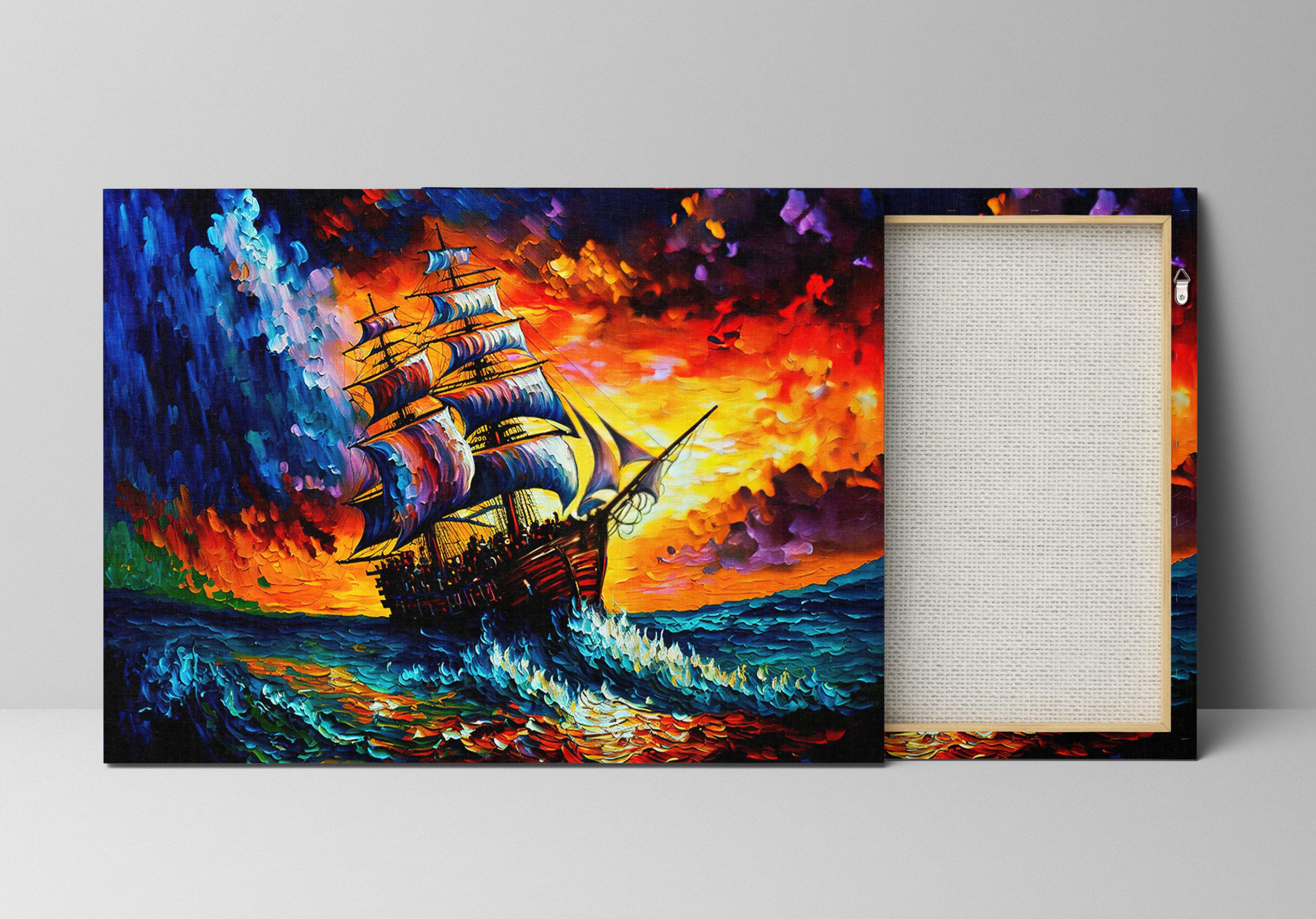 Pirate Ship Painting - Colorful Acrylic Canvas Print | Stormy Seas Artwork, Gallery Ready