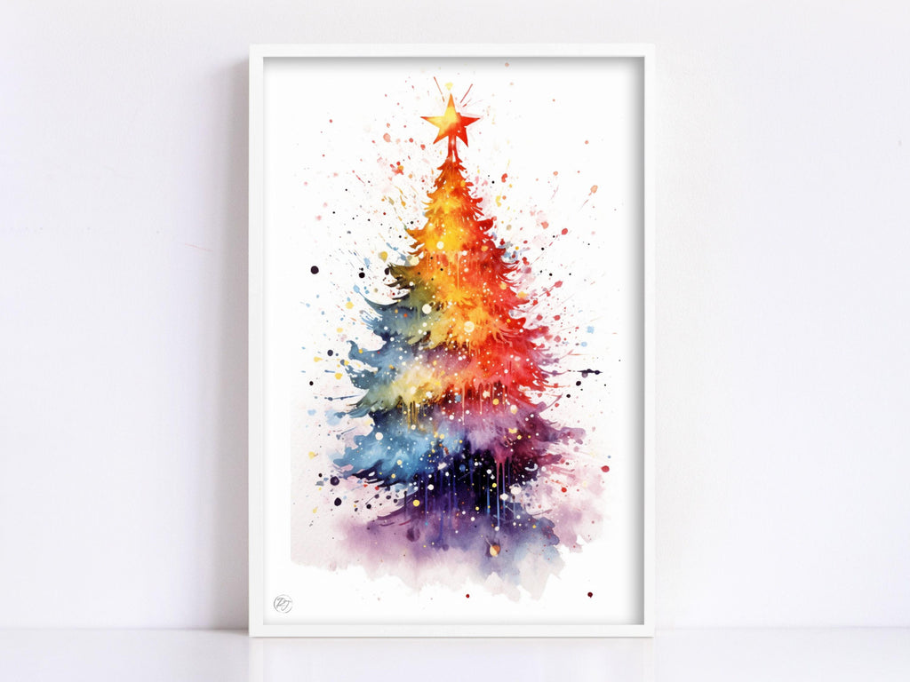 Festive Christmas Tree Watercolor - Christmas Art, Giclee Print on Canvas, Artist Paper, Watercolor Paper, Available in Extra Large Sizes