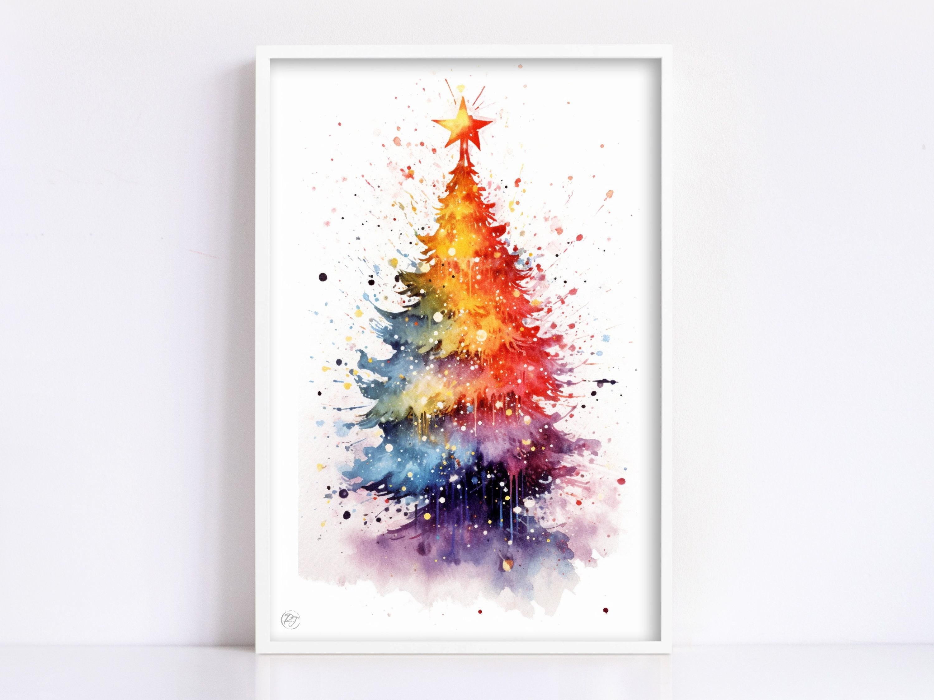 Festive Christmas Tree Watercolor - Christmas Art, Giclee Print on Canvas, Artist Paper, Watercolor Paper, Available in Extra Large Sizes