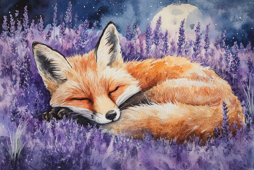 A sleeping fox curled up in a field of purple flowers, with a full moon visible in the background.