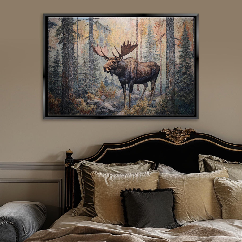 a painting of a moose in a forest