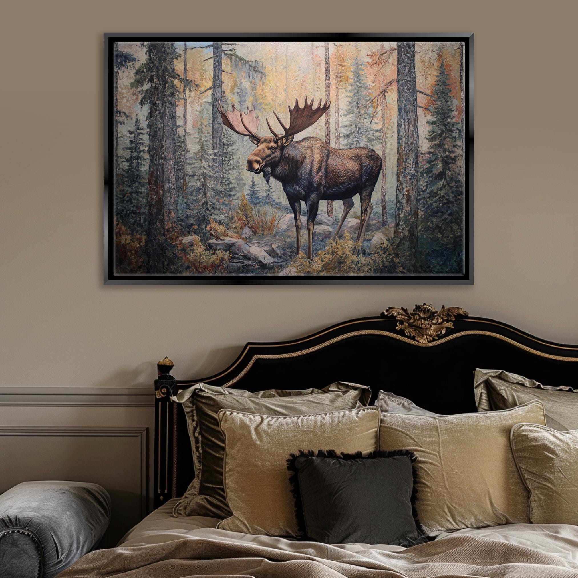 a painting of a moose in a forest