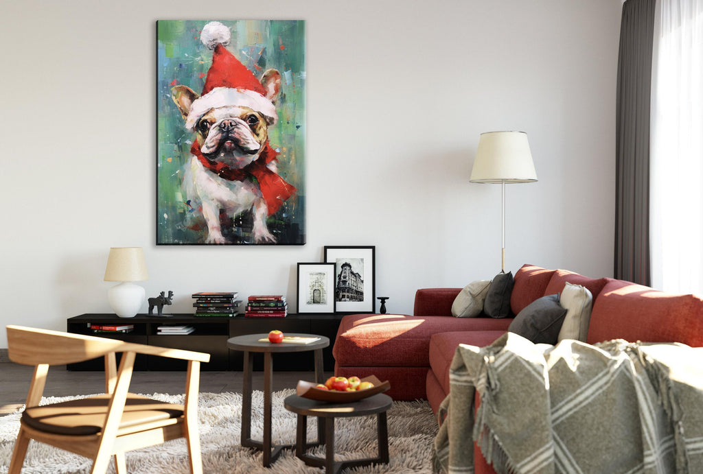 French Bulldog Christmas Art – Festive Dog Painting on Extra Large Gallery Wrapped Canvas