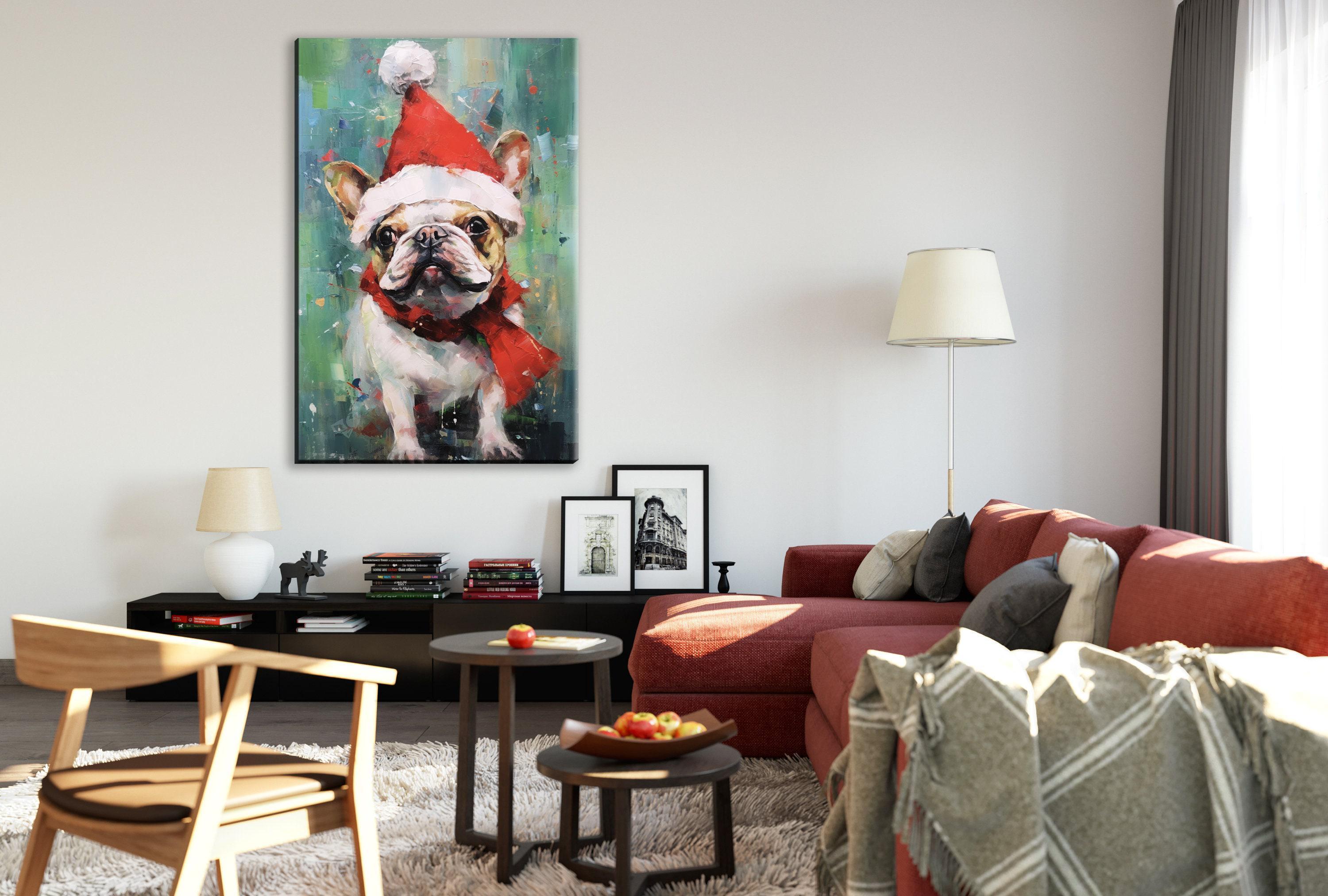 French Bulldog Christmas Art – Festive Dog Painting on Extra Large Gallery Wrapped Canvas