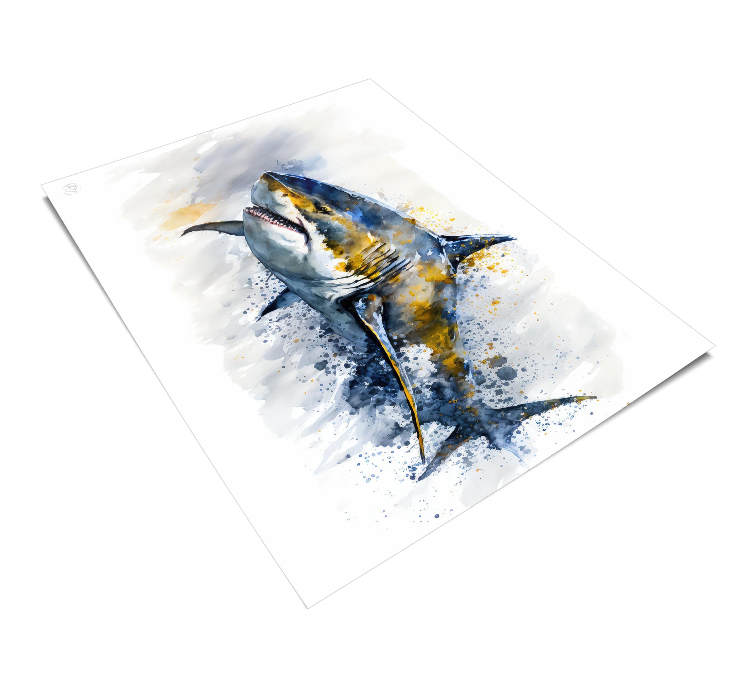 Shark Watercolor Art Print: Bright Ocean Wildlife Scene, Museum Rag Paper or Canvas (Framed or Unframed, Multiple Sizes)