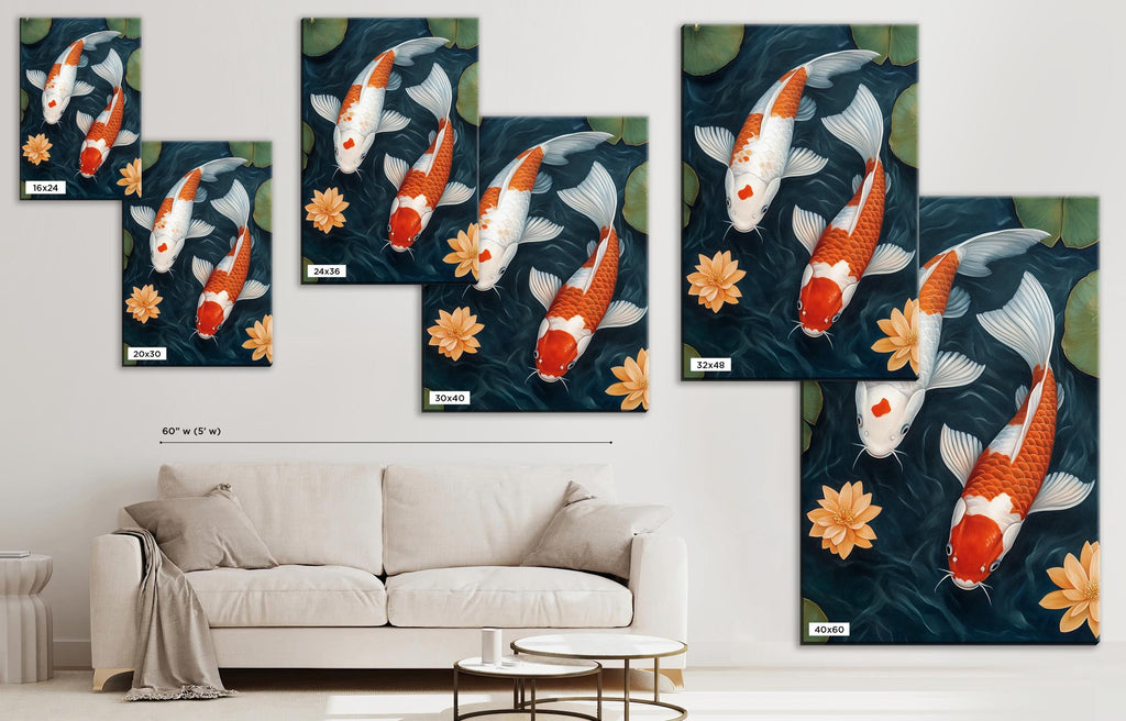 a living room with a couch and paintings on the wall