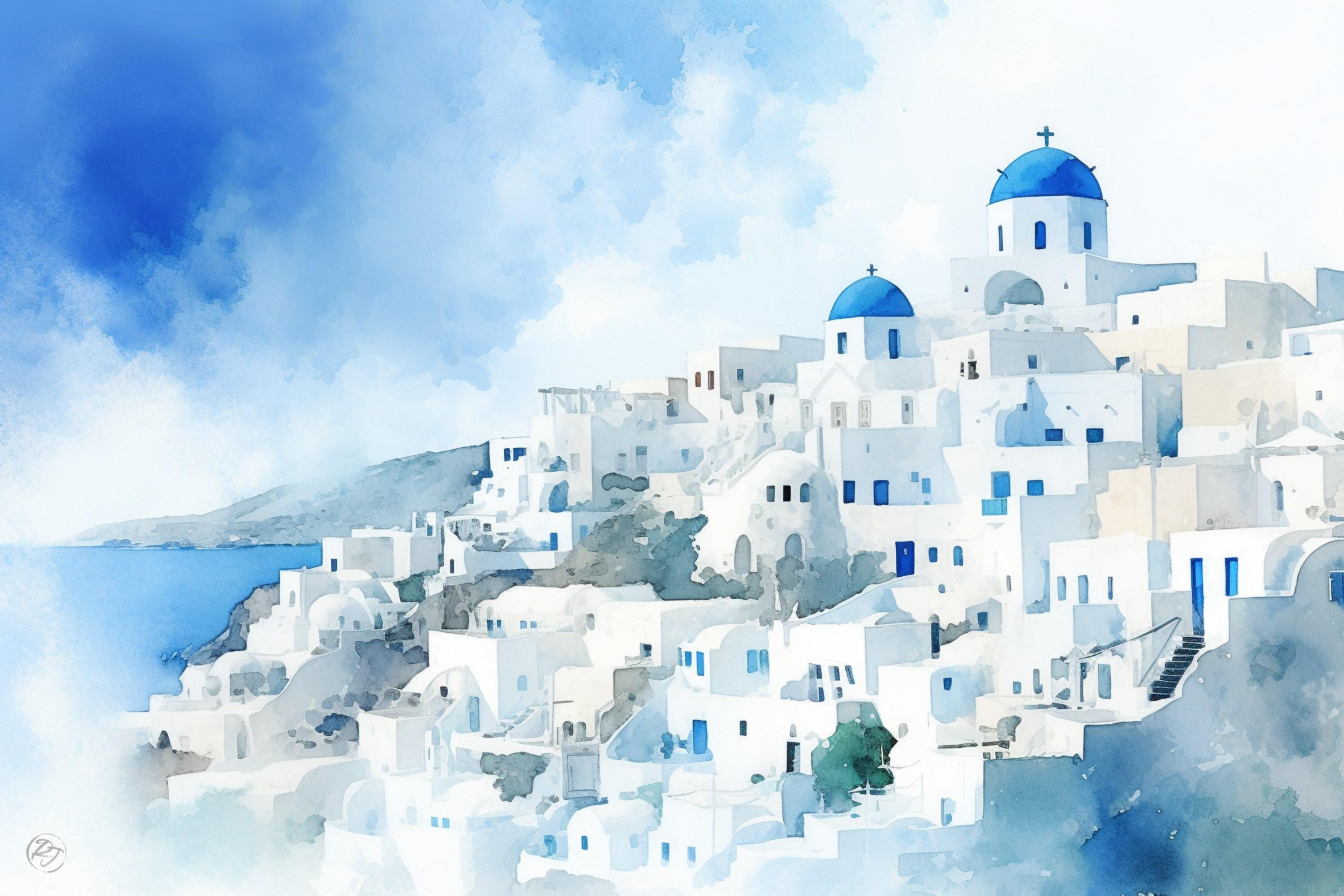 Aegean Bliss: Santorini Sunset Watercolor Wall Art, Giclee Print on Canvas, Artist Paper, Watercolor Paper, Available in Extra Large Sizes