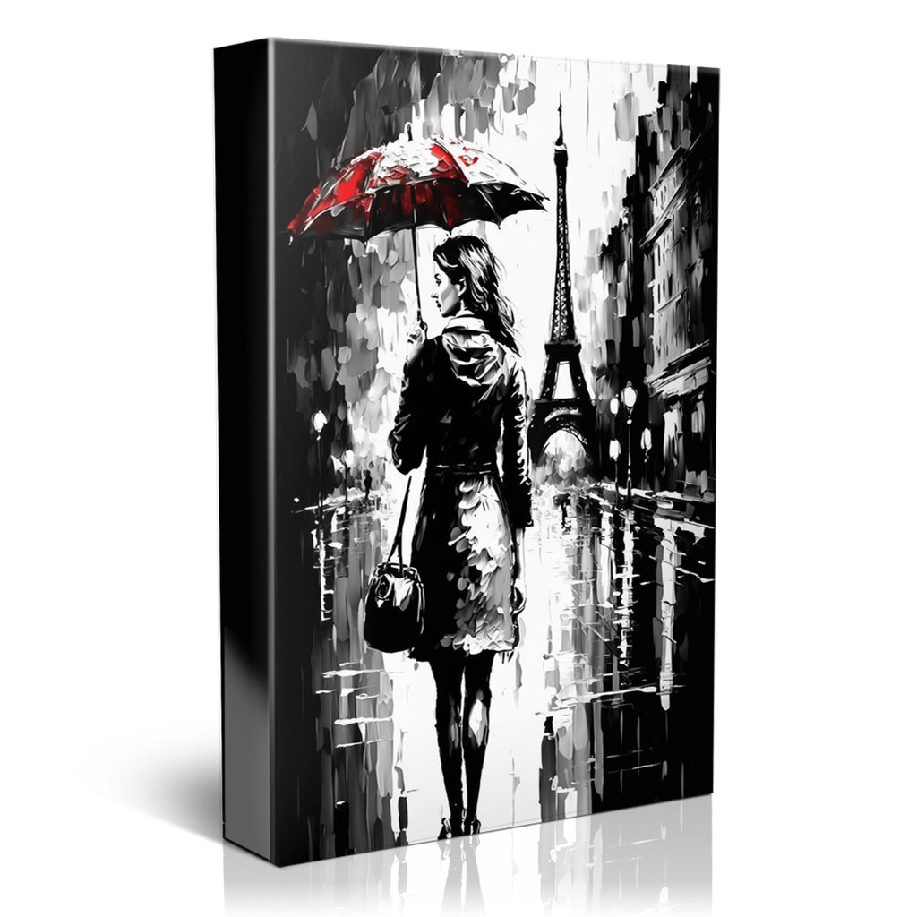 Parisian Cityscape Canvas – Monochrome Wall Art With Red Umbrella, Vintage Paris Print