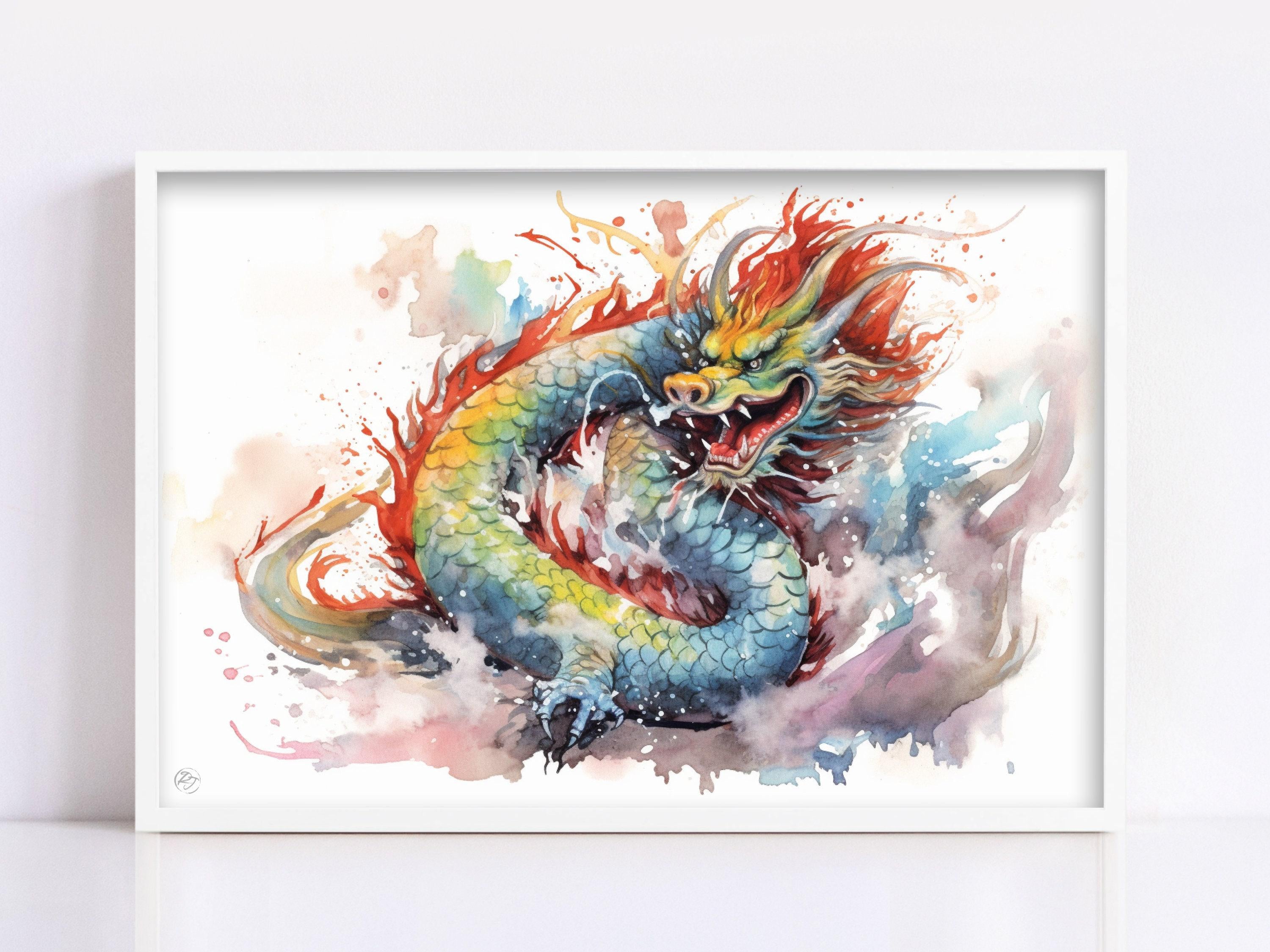 Dragon of Prosperity: Chinese Dragon Watercolor Art, Giclee Print on Canvas, Artist Paper, Watercolor Paper, Available in Extra Large Sizes