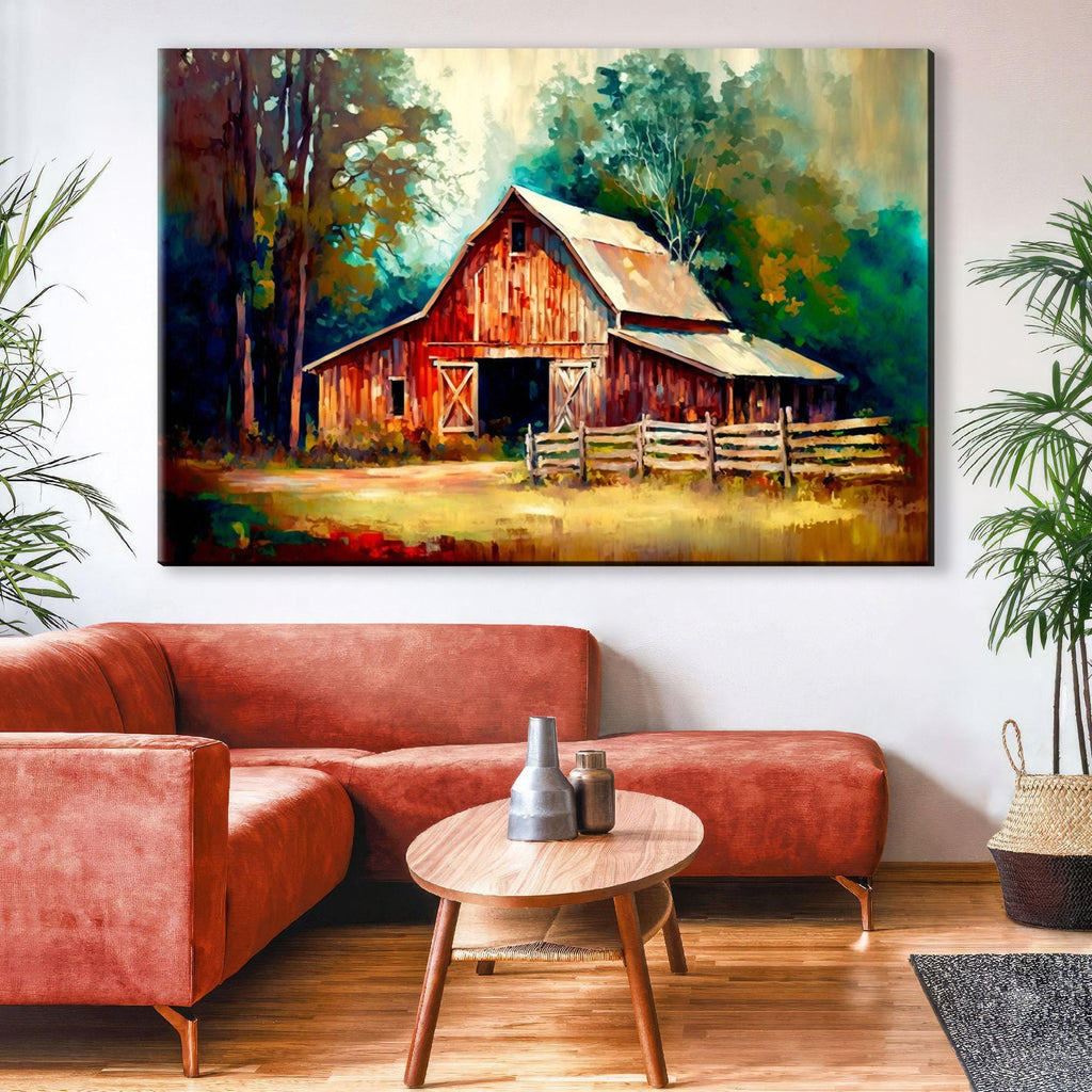 Farmhouse Canvas Art - Large Canvas Print | Rustic Style Art with Old Red Barn