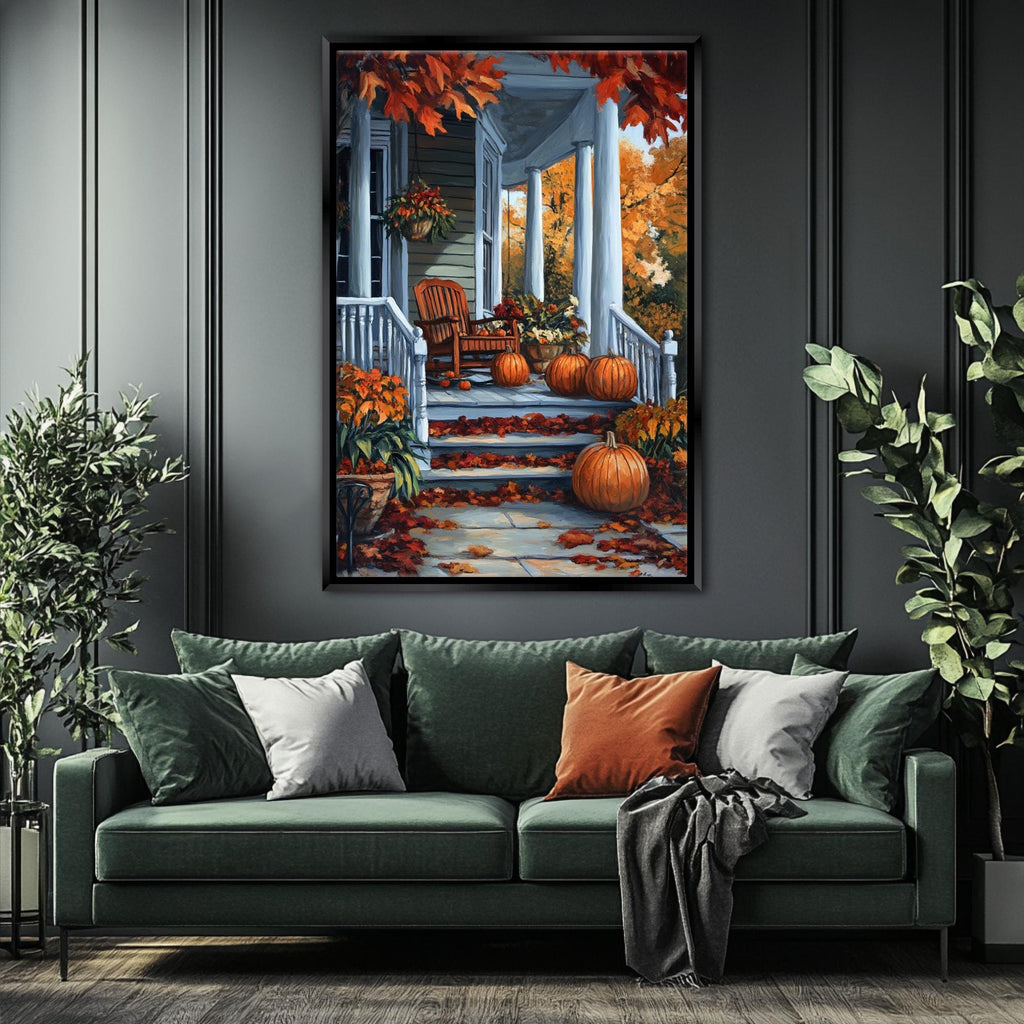 a cozy autumn scene with a porch adorned with pumpkins and fall foliage, creating a warm and inviting atmosphere.