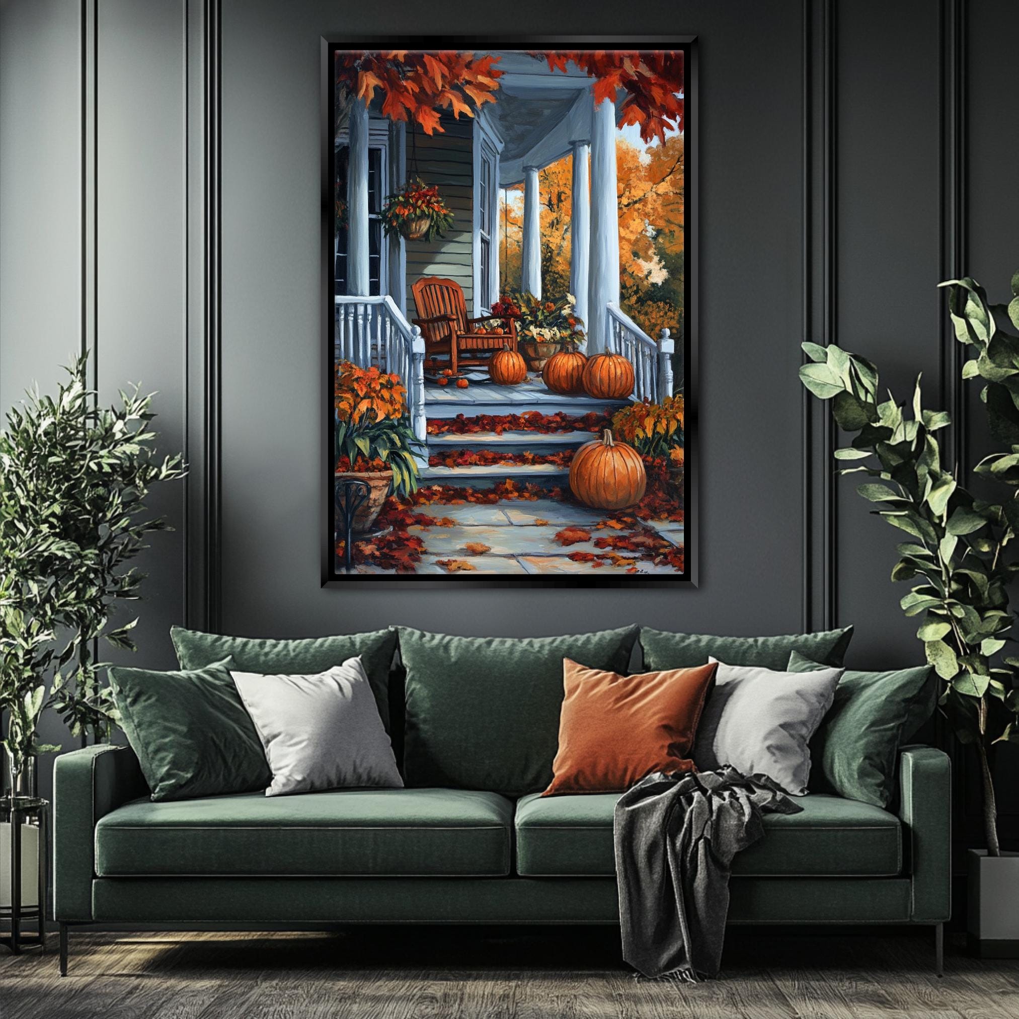 a cozy autumn scene with a porch adorned with pumpkins and fall foliage, creating a warm and inviting atmosphere.