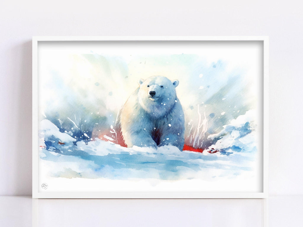 Icy Wonderland: Polar Bear Watercolor Painting - Giclee Print on Canvas, Artist Paper, Watercolor Paper, Available in Extra Large Sizes