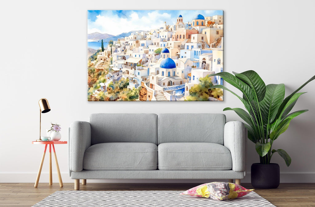 Mediterranean Dream: Santorini Greece Seascape Print, Giclee Print on Canvas, Artist Paper, Watercolor Paper, Available in Extra Large Sizes