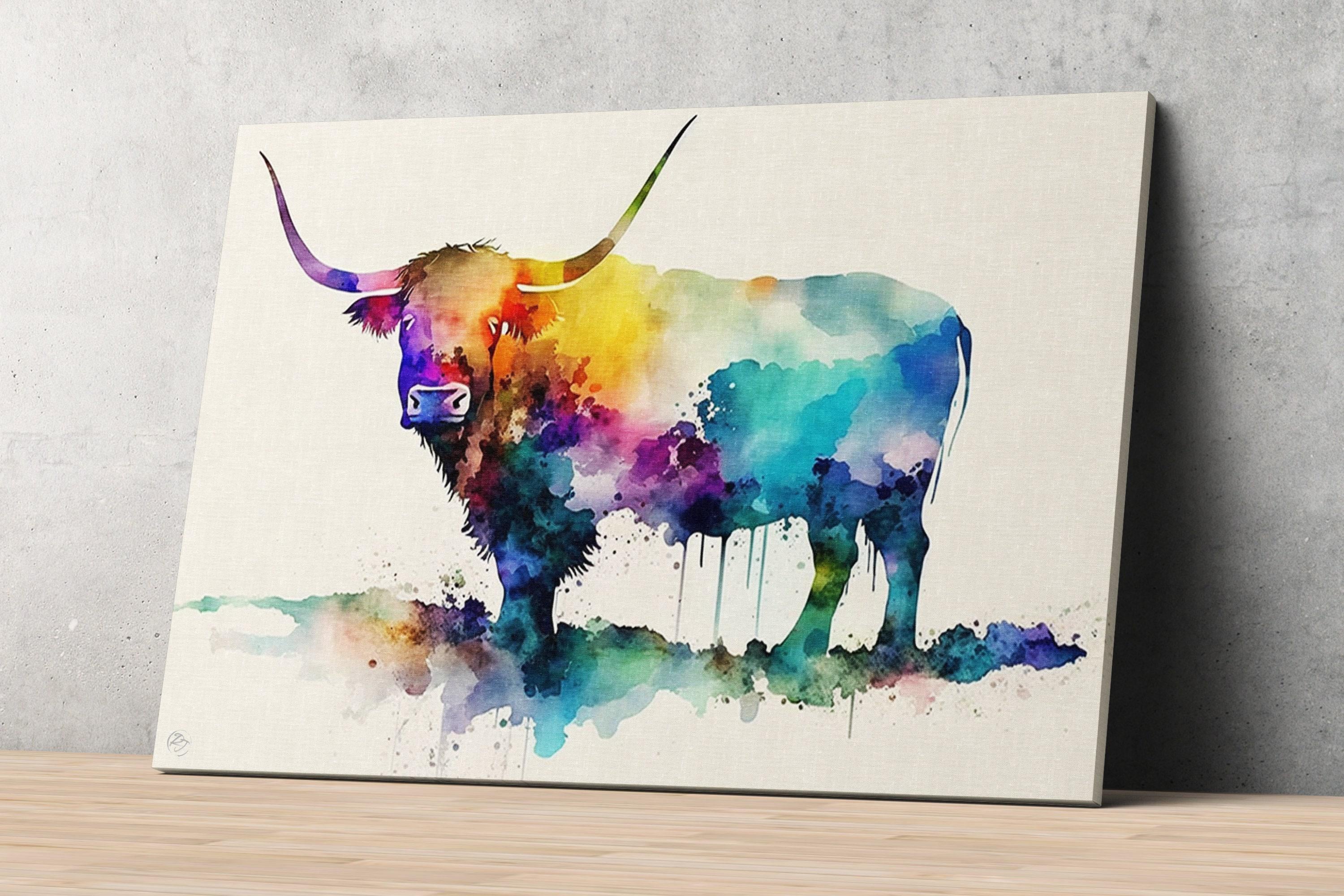 Nature's Charm: Highland Cow Watercolor Wall Art, Giclee Print on Canvas, Artist Paper, Watercolor Paper, Available in Extra Large Sizes