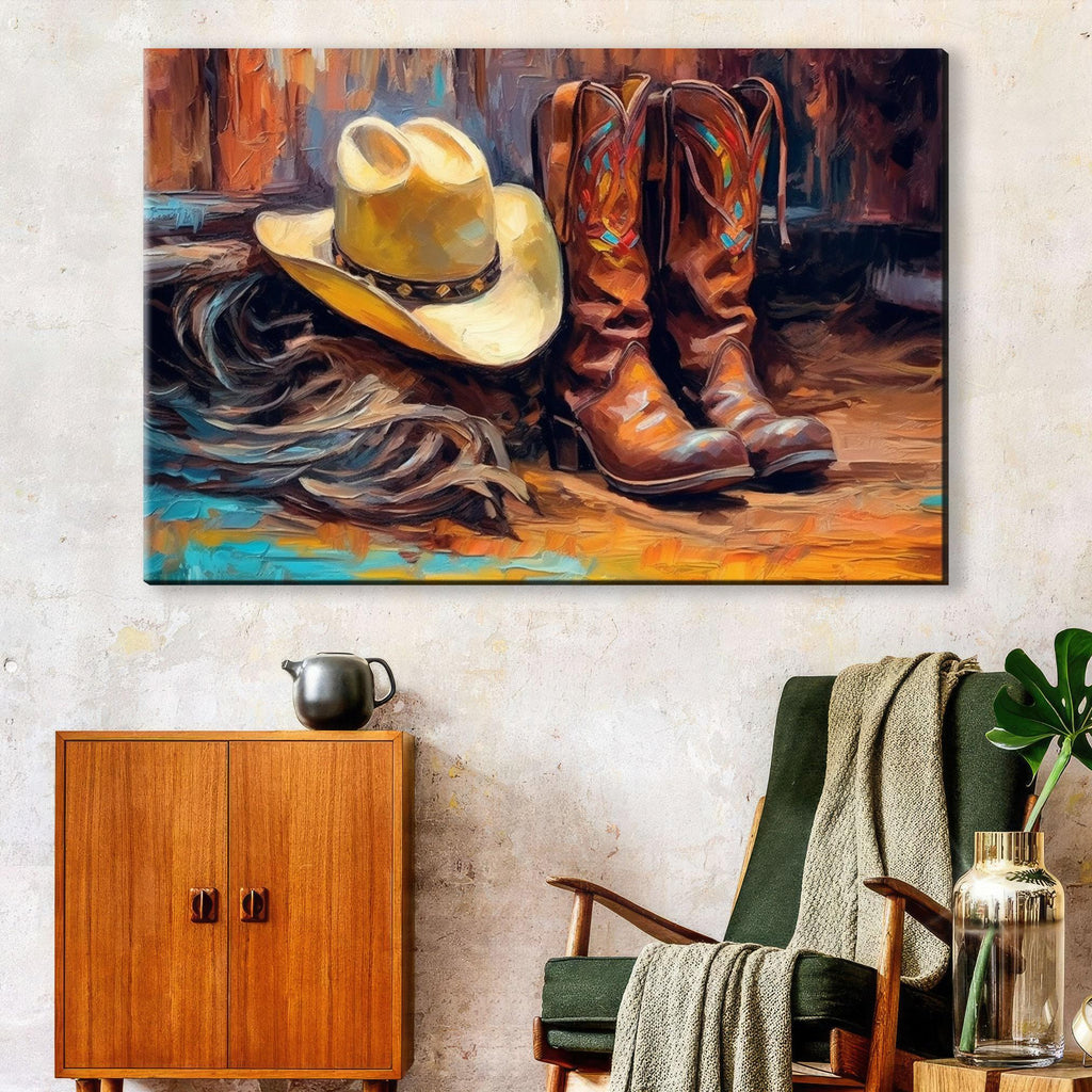 Texas Cowboy Wall Art – Large Cowboy Boots Canvas Print | Rustic Western Artwork
