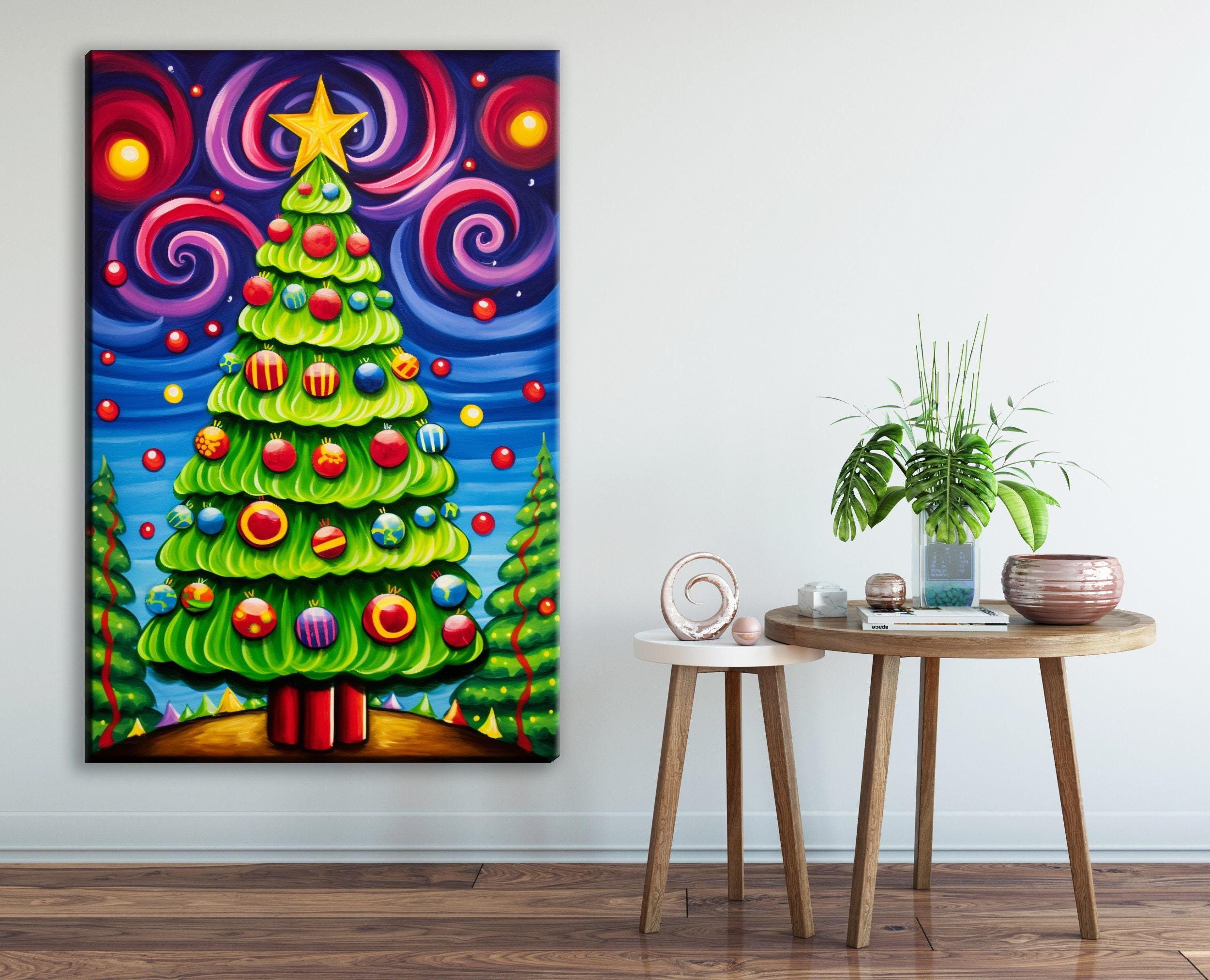 Christmas Canvas Art – Vibrant Color Burst Xmas Tree Painting on Gallery Wrapped Canvas