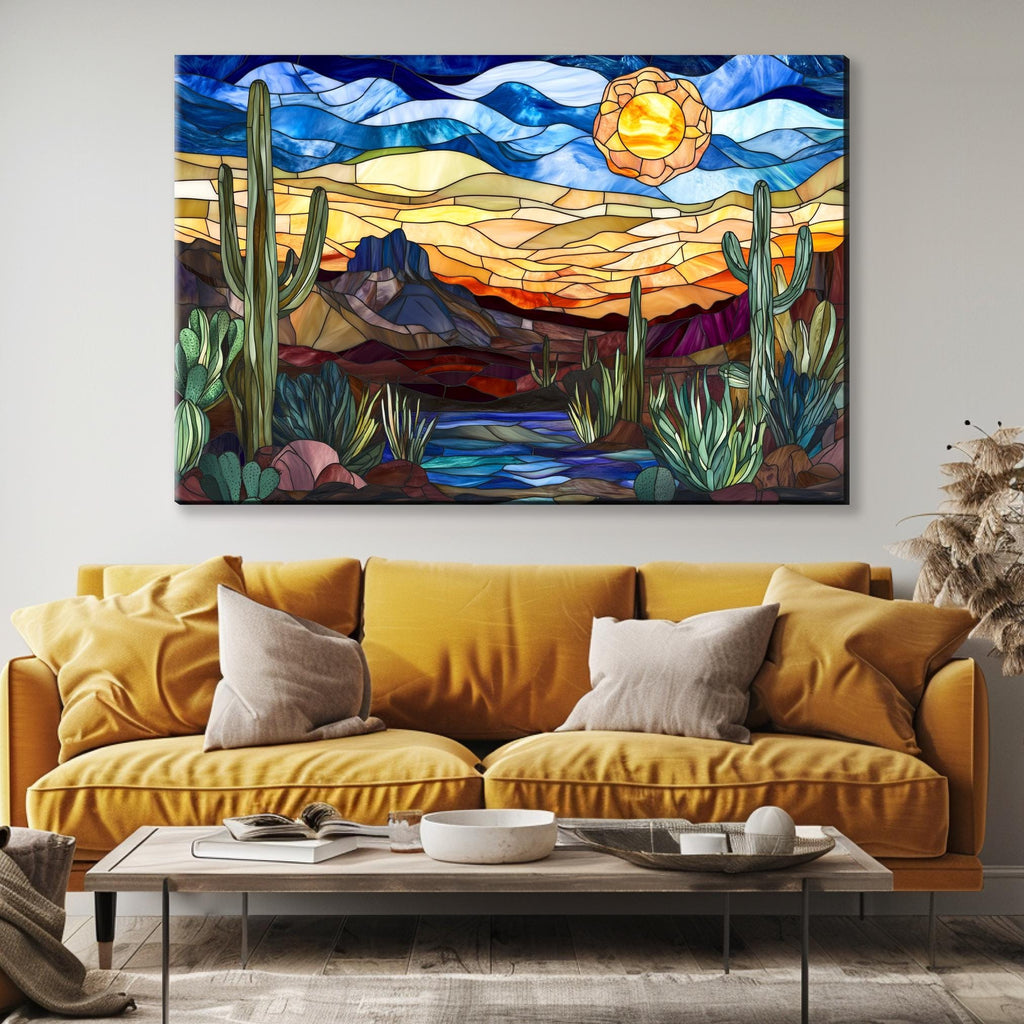 a living room with a couch and a painting on the wall