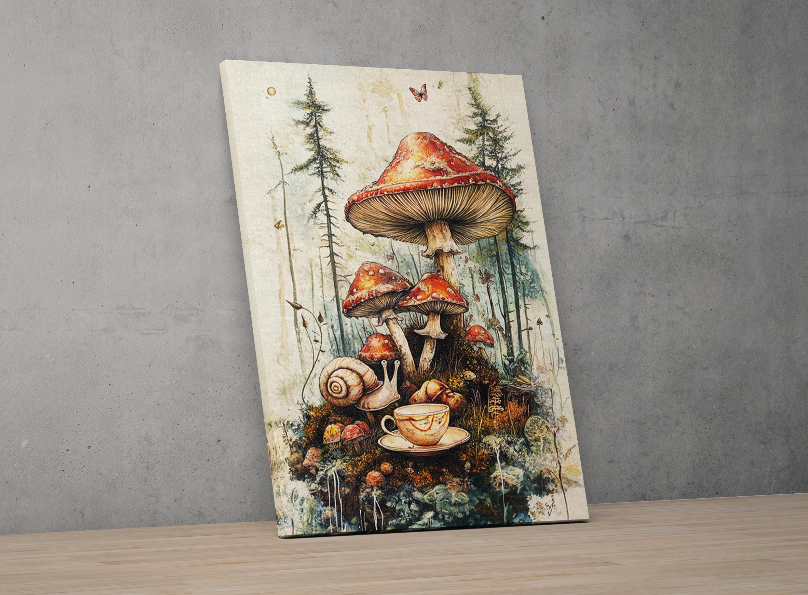 The image is a painting depicting a whimsical scene with mushrooms, snails, and a teacup, set against a forest backdrop.