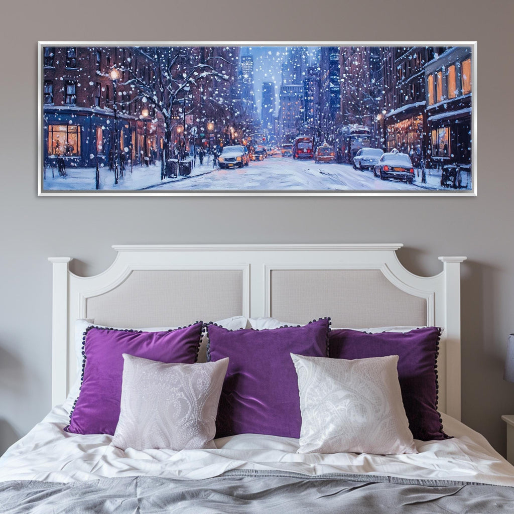 a bed with purple pillows and a picture on the wall above it