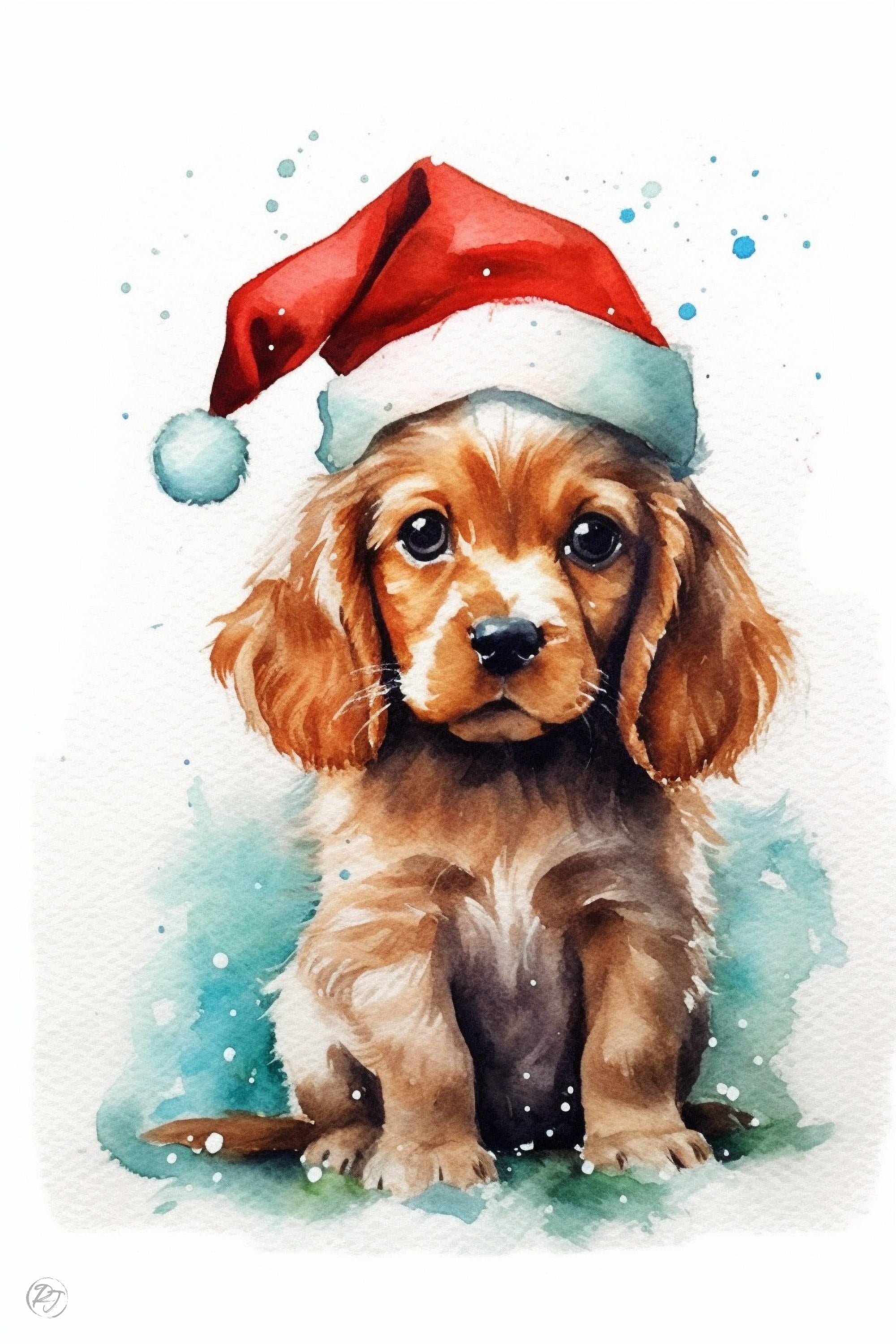 Festive Puppy Portrait - Watercolor Dog in Santa Hat, Giclee Print on Canvas, Artist Paper, Watercolor Paper, Available in Extra Large Sizes