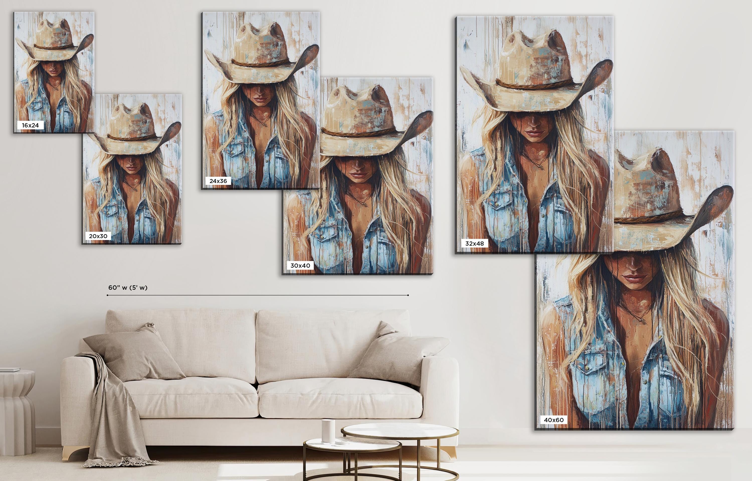 a living room with a couch and a painting of a woman wearing a cowboy hat